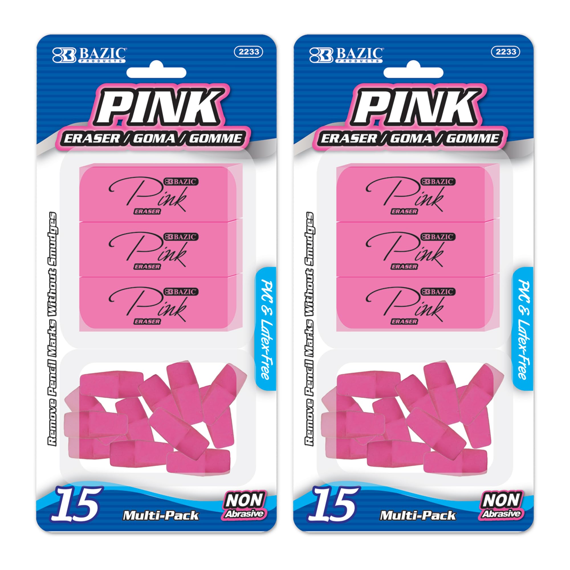 BAZIC Products Eraser Set – Premium Pink Erasers and Cap Erasers for Clean Corrections; Ideal for School, Office, Artists, Writing, Sketching, and