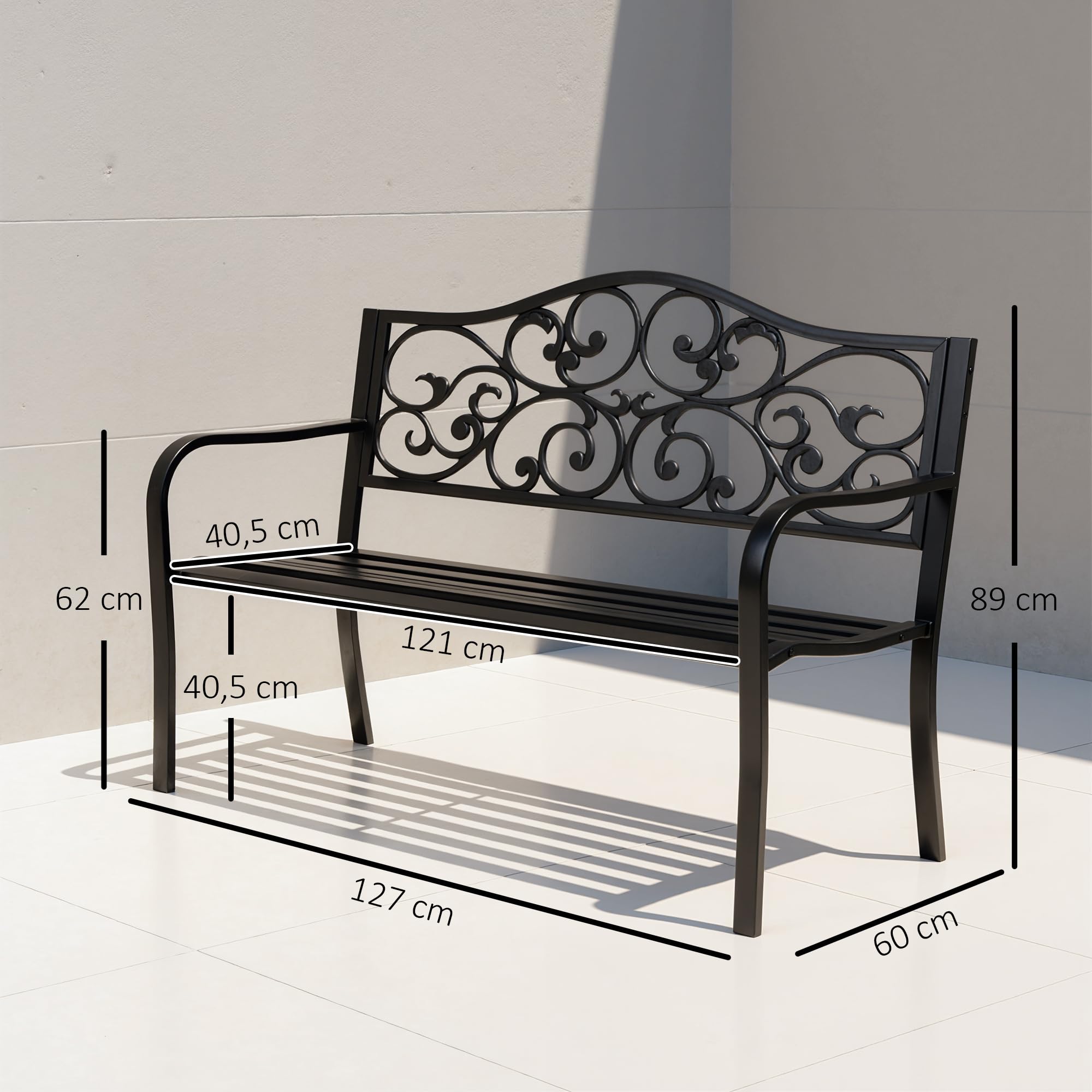Outsunny Banc de Jardin 3 Places terrasse Style Cosy Chic 127L x 60l x 85H cm métal époxy anticorrosion Noir