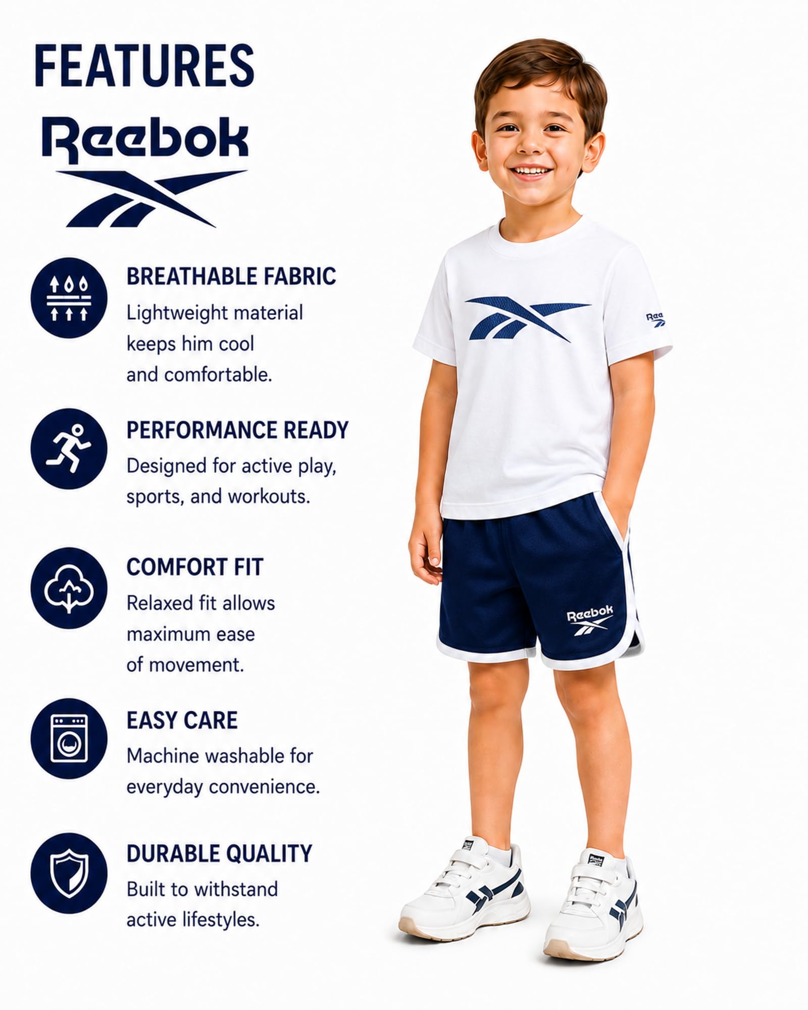 Reebok - Estate 3 pezzi corto set con 2 top e pantaloncini, abbigliamento sportivo per bambini piccoli e bambini