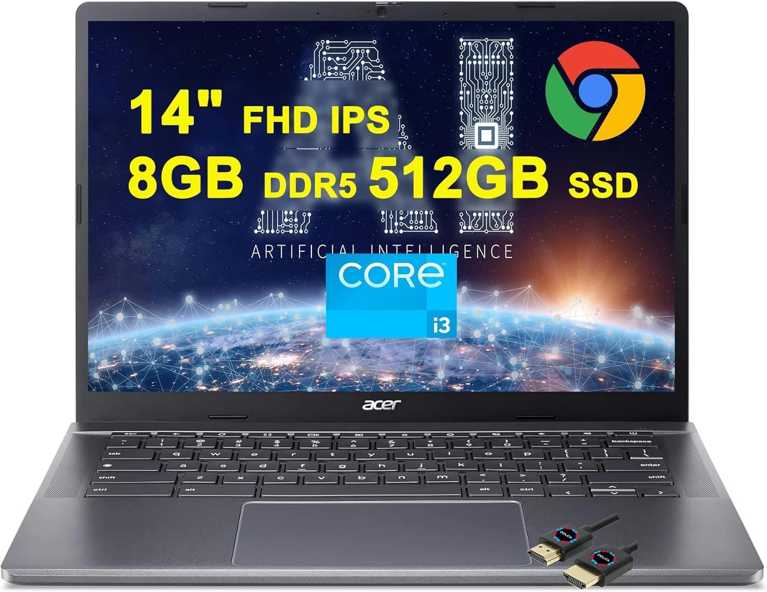 Chromebook Plus 514 Google AI Laptop | 14" FHD IPS Multi-Touch Display | Intel Octa-core i3-N305 | 8GB DDR5 512GB SSD | Type-C Free Google AI/2TB Loud Storage for 1-Year Grey + HDMI Cable