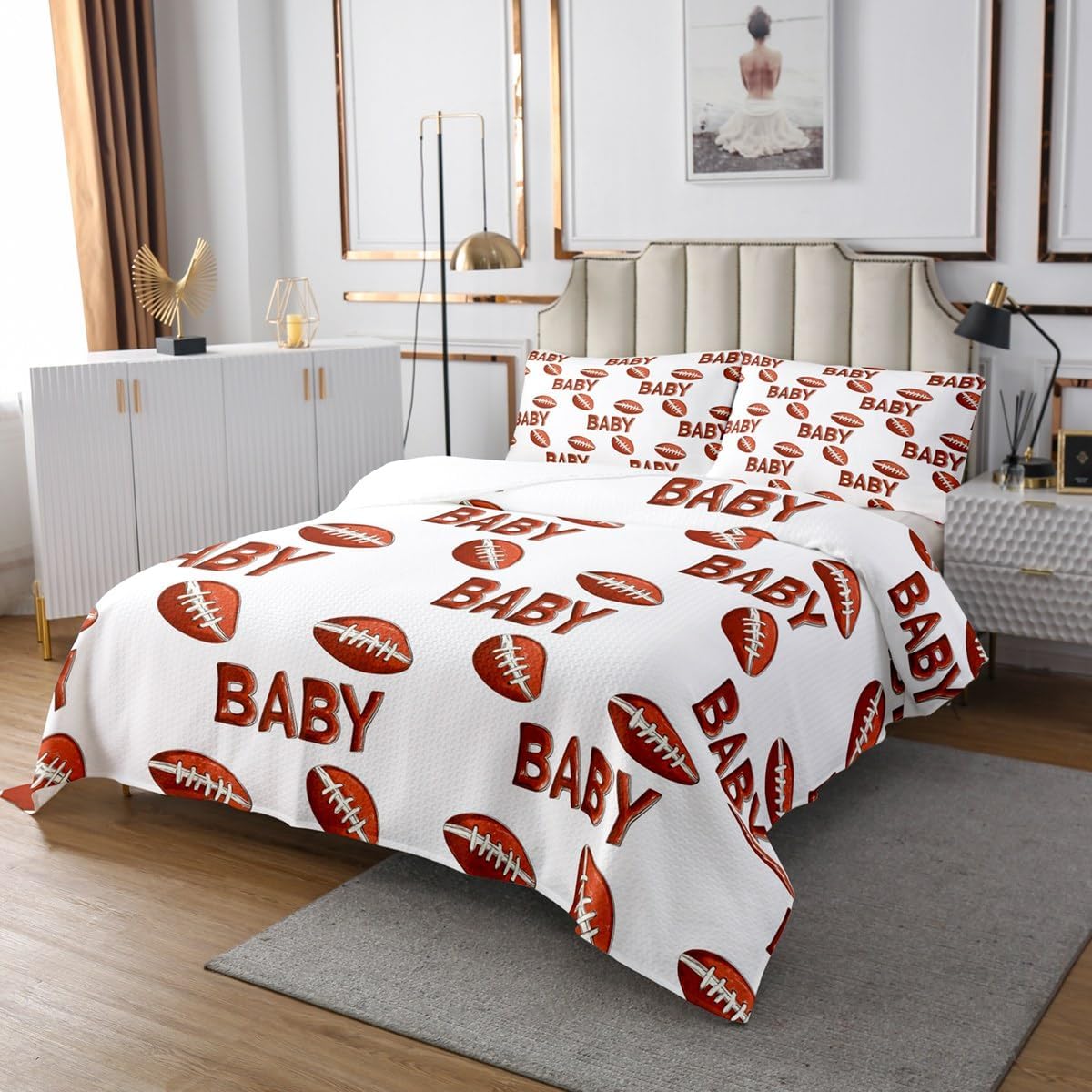 Erosebridal Kids Football Bedspread Set King Size,Sports Game Bedding Set for Boys Men,American Football Coverlet Set,Cartoon Rugby Ball Bed Set Bedroom Decor,2 Pillow Cases