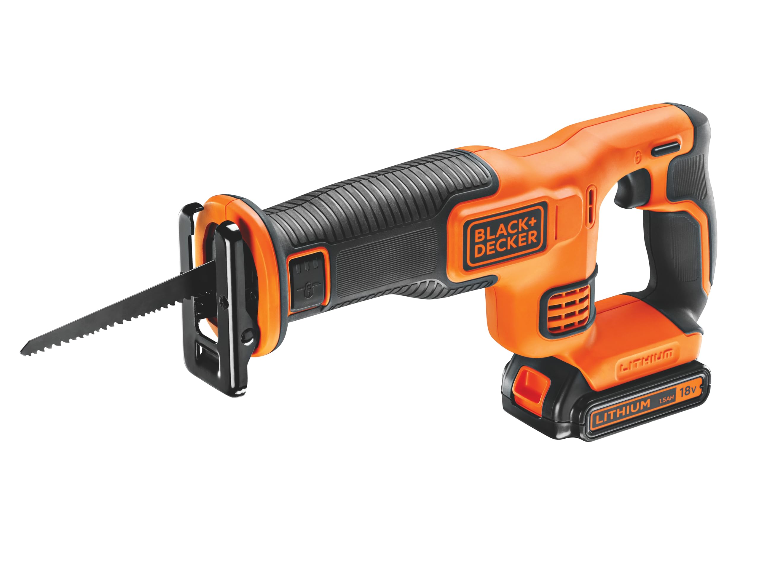 Black and Decker BDCR18 18v Cordless Reciprocating Saw 1 x 1.5ah Li-ion, Supplied with: 1 x Blade, 1 x 18V 1.5Ah Li-ion Battery and 1 x Charger.