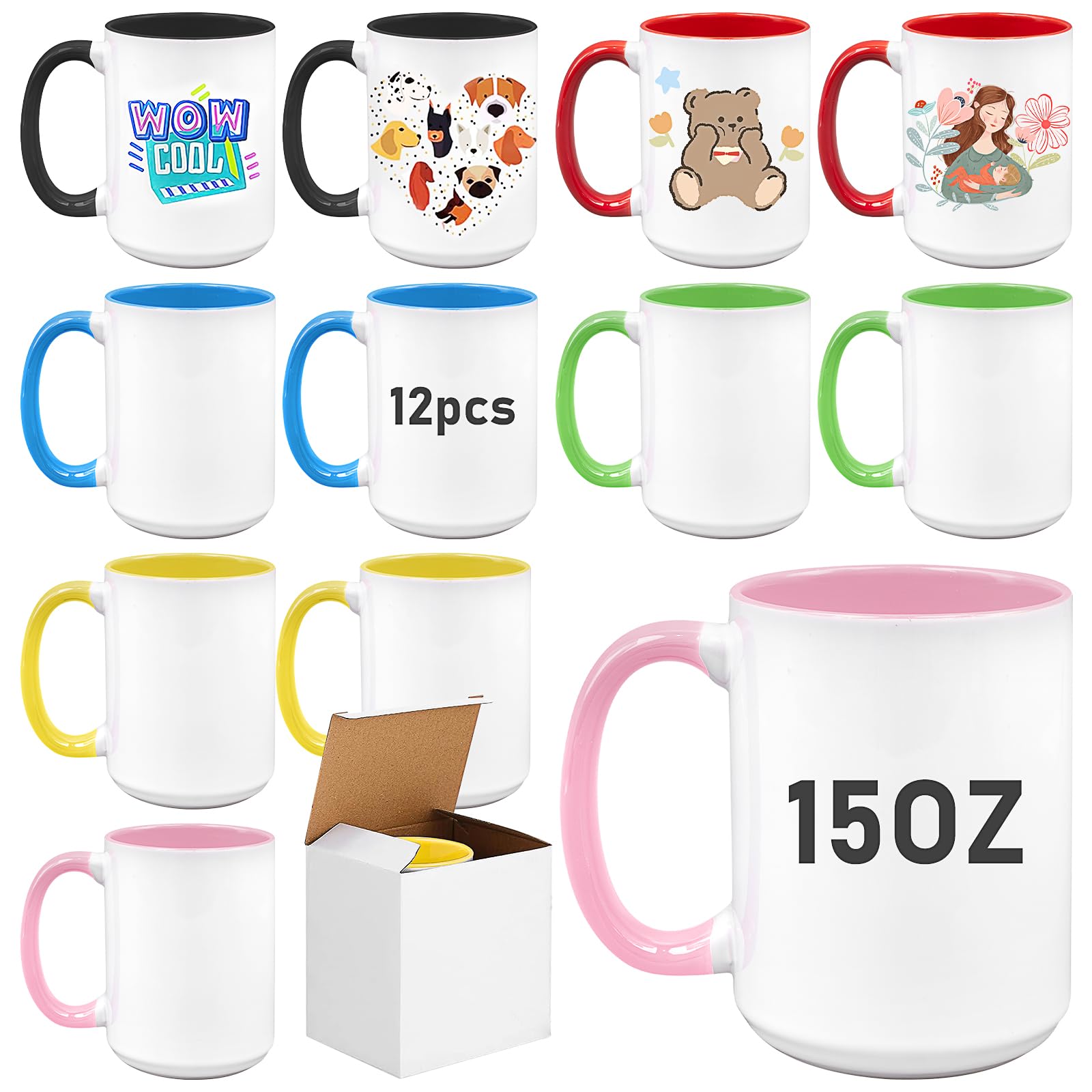 Lot de 12 Mugs Bicolores pour Sublimation, 443 ml/15 oz