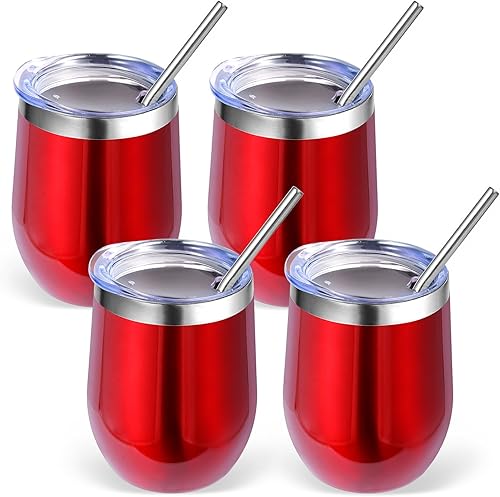 Miniatura 54 de Volhoply - Juego de 12 vasos de vino de 12 onzas con tapa, hechos de acero inoxidable con aislamiento al vacío de doble pared, vasos de vino sin