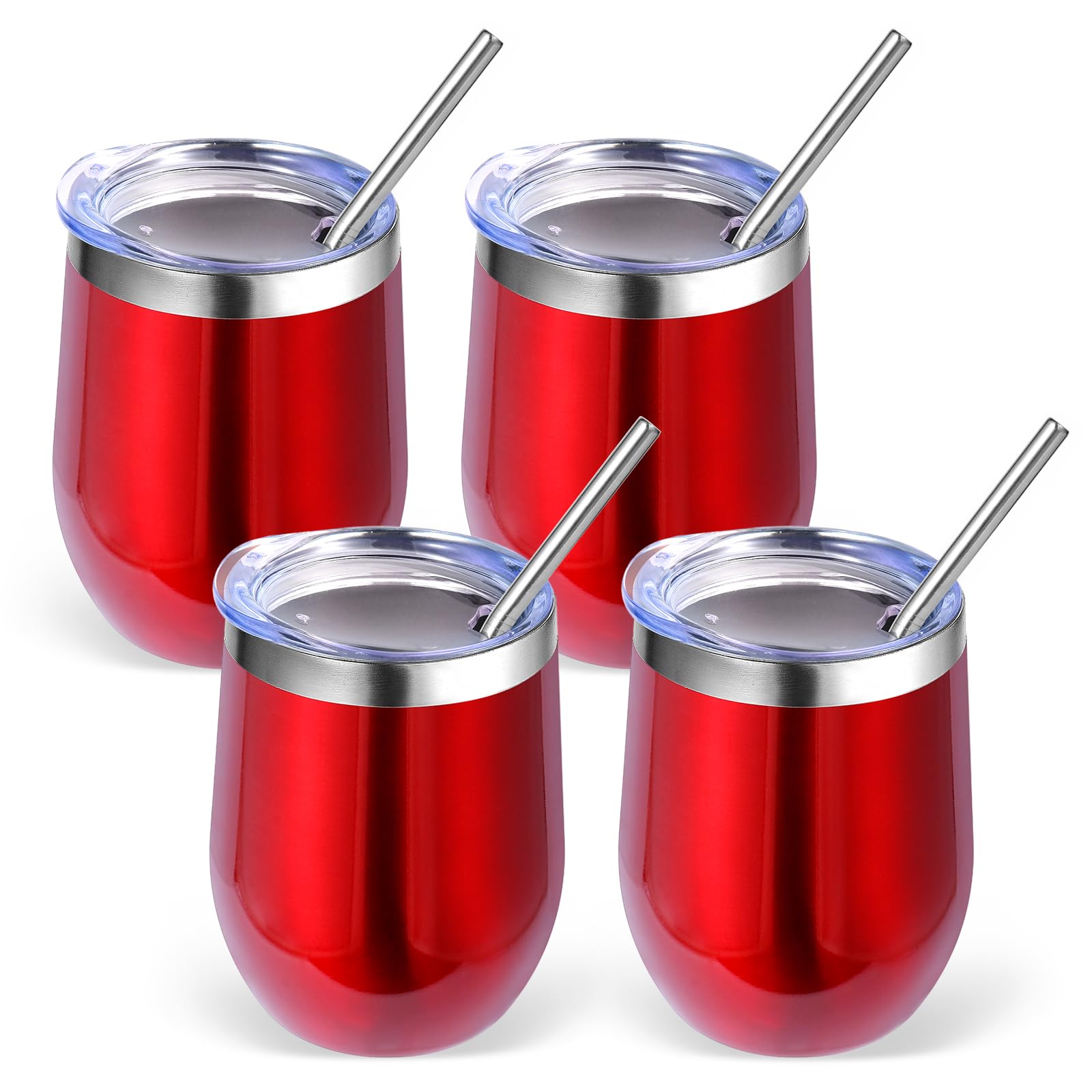 Volhoply 12oz Stainless Steel Wine Tumbler with Lid Bulk 4 Pack,350ml Double Wall Vacuum Stemless Wine Glasses,Metal Travel Coffee Mug with Straw,Insulated Cup Gifts for Women,Christmas(Red,4 Set)