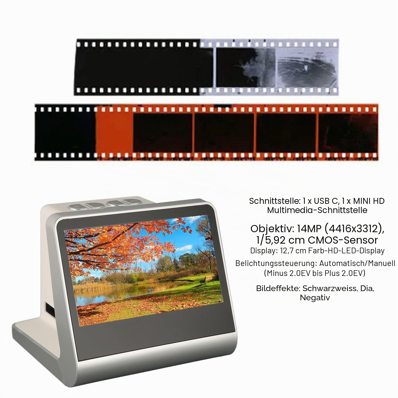 Cryfokt Digitaler Filmscanner, 14MP 22MP Sensor Film- und Diascanner mit HD-Farbbildschirm, Anschluss, Konvertierung von Dias und Filmen in Digitale Fotos für Computer und Laptops