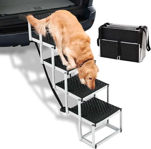 Upgraded Dog Car Ramp Folding Steps, Dog Steps for Large Dogs with Non-slip Surface, Lightweight Portable Aluminum Dog Ladder, Great for Cars, SUV, Trucks, Couch and High Bed,Support to 80KG,6 Steps