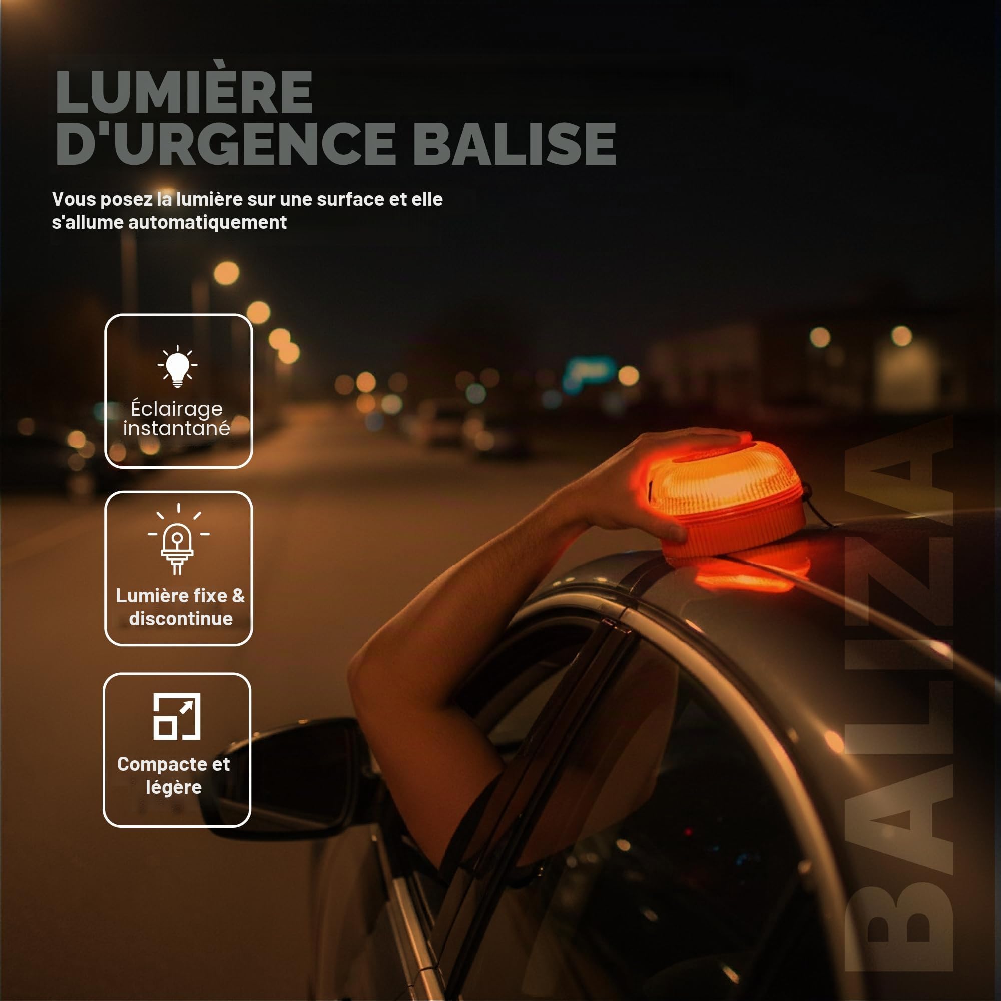 Baliza V16 (Pack de 2) | Lumière d'urgence pour signaler les accidents de voiture | Remplace le triangle | Housse noire incluse | Sans GPS | Aimants magnétiques | Fonctionne avec 3 piles AAA | Haute
