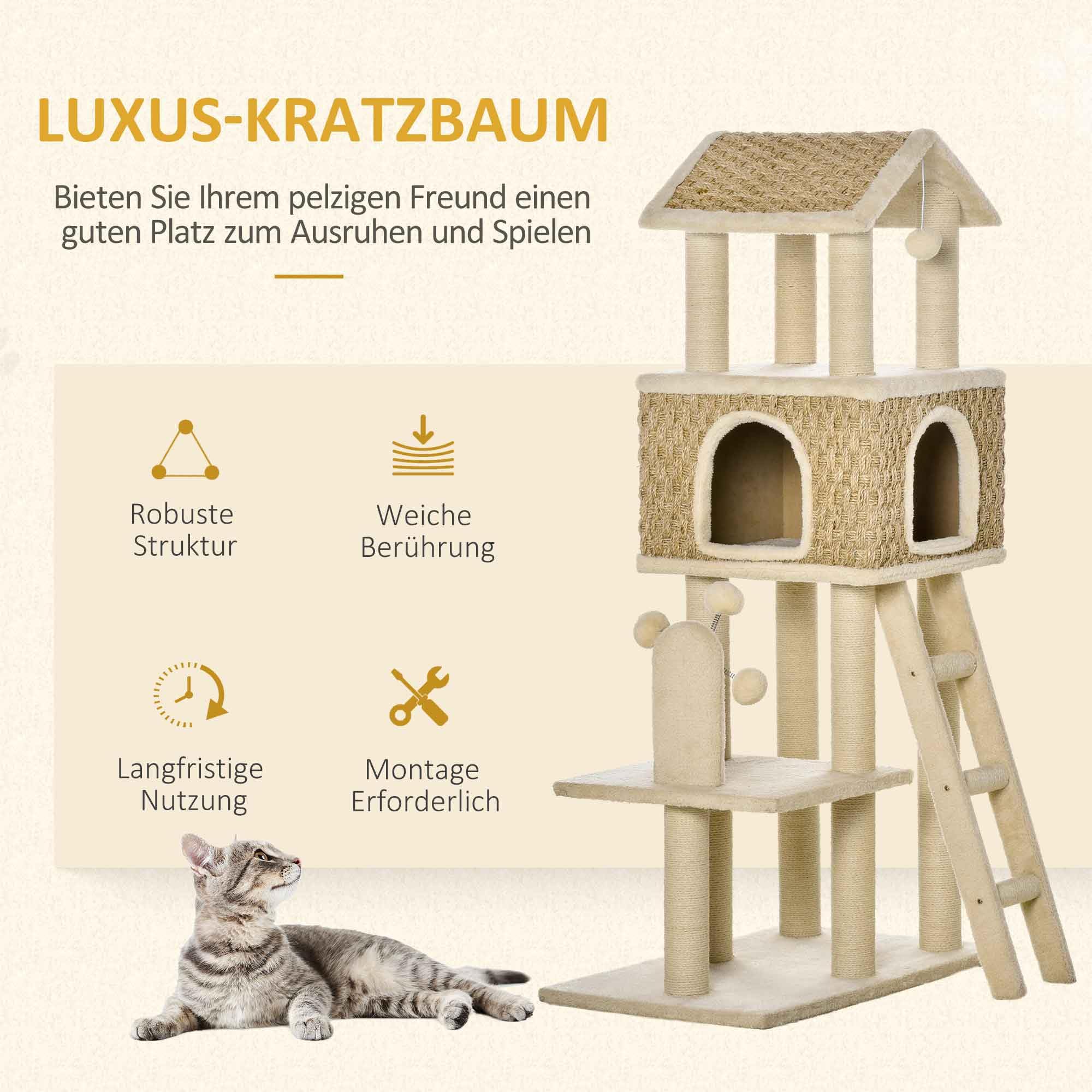 PawHut Drapak dla kota o wysokości 130 cm, drzewko do wspinaczki z jamą dla kotów, piłeczkami jutowymi, duża platforma, płyta wiórowa, pluszowy khaki + beżowy
