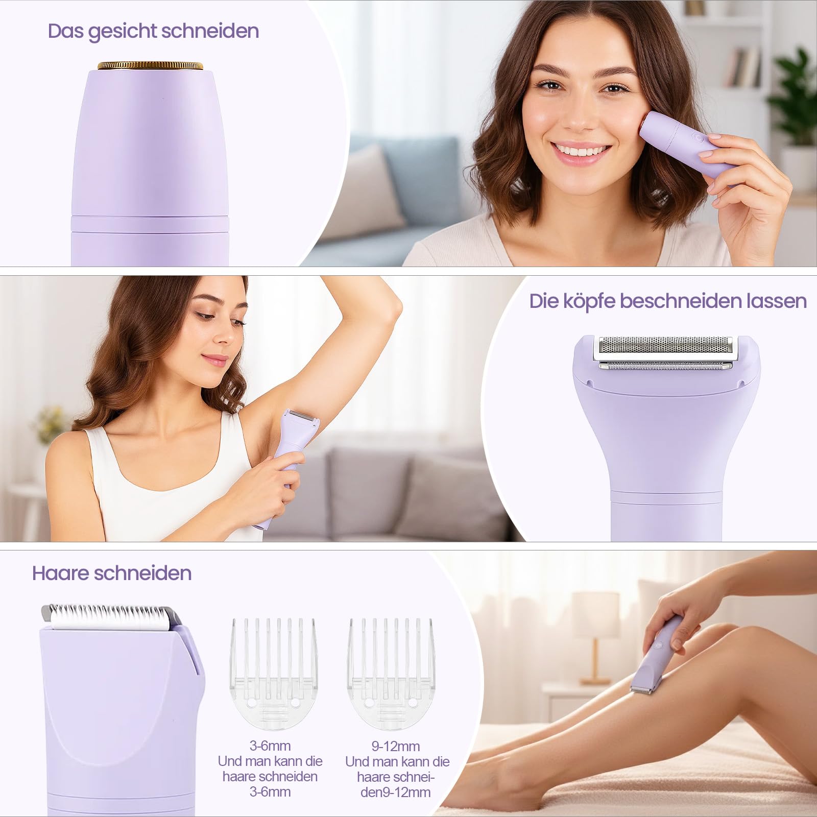 3-in-1 Damenrasierer Elektrisch, Gesicht, Achseln, Beine & Bikinizone, Körpertrimmer & Intimrasierer mit 3 austauschbaren Klingen, LCD-Display, IPX7 wasserdicht, USB aufladbar (Lila)