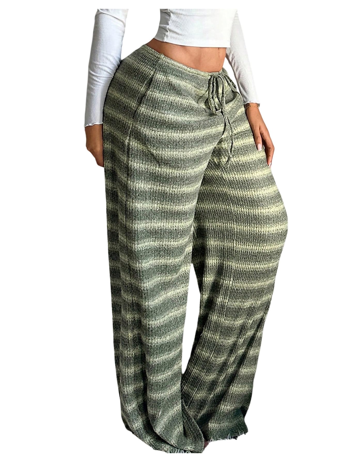 SOLY HUX Womens Striped Pants Drawstring Elastic Waist Wide Leg Lounge Pants Knitted Casual Long Trousers