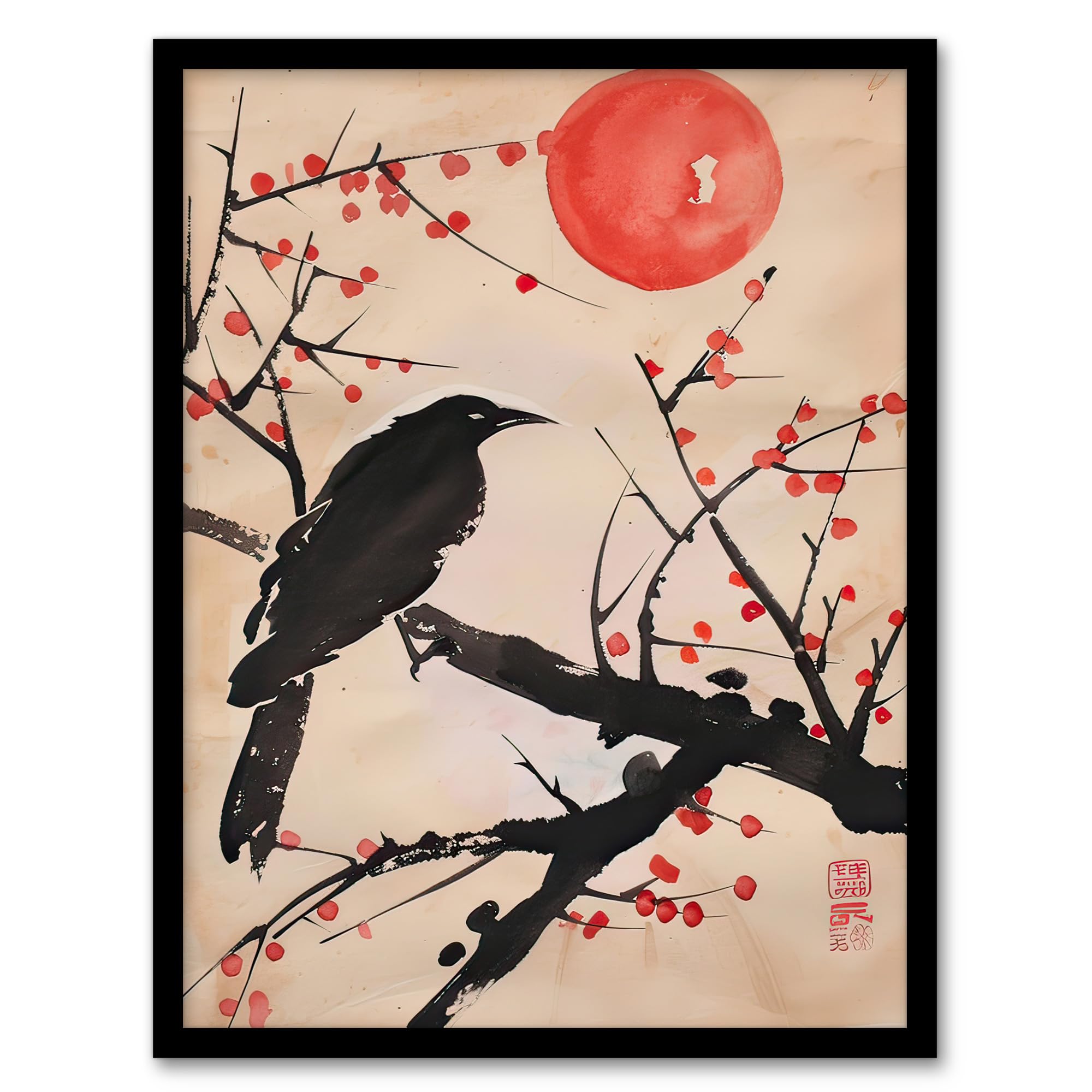 Artery8 Raven on Berry Tree Winter Sun Japanese Painting Living Room Artwork Framed Wall Art Print A4