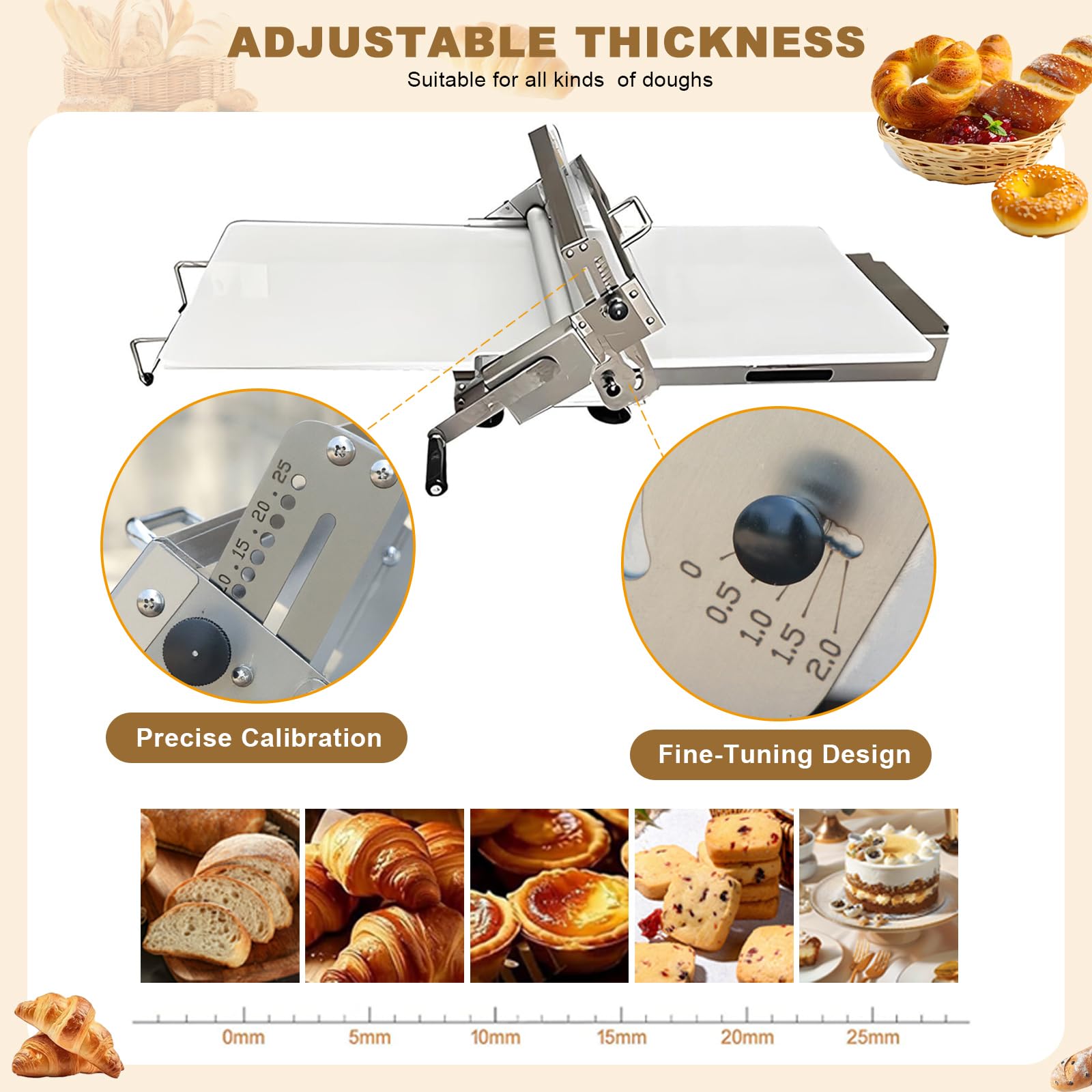 Macchina per sfogliare l'impasto, rullo manuale con spessore regolabile per croissant, pizza e pasticceria, struttura resistente in acciaio inossidabile