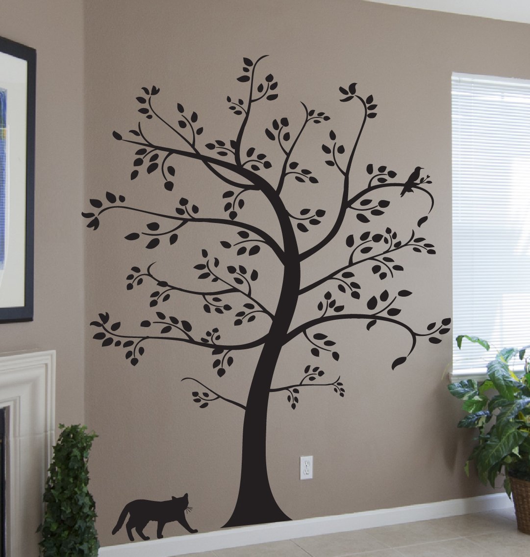 7.5 Ft. Big Tree with Cat and Bird Wall Decal Deco Art Sticker Mural