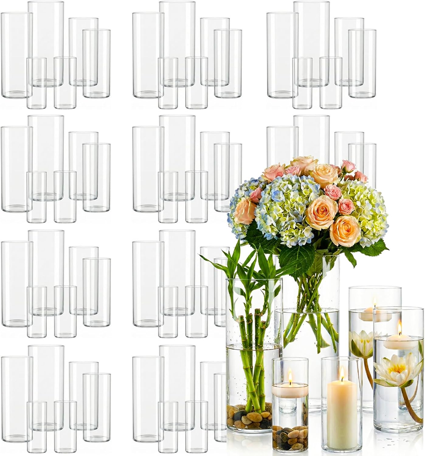 48pcs Glass Cylinder Vases for Centerpieces,Clear Flower Vases for Wedding Decorations and Indoor Home Decor, Hurricane Candle Holder for Table Shelf, Party