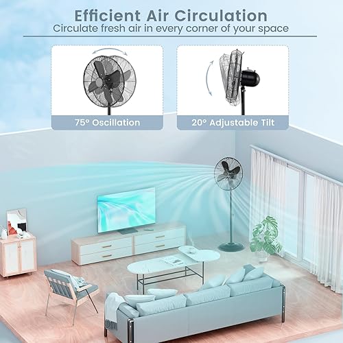 Miniatura 6 de COSTWAY Ventilador de pedestal de metal, ventilador silencioso de pie oscilante de 75 de alta velocidad de 16 pulgadas con altura ajustable, 3
