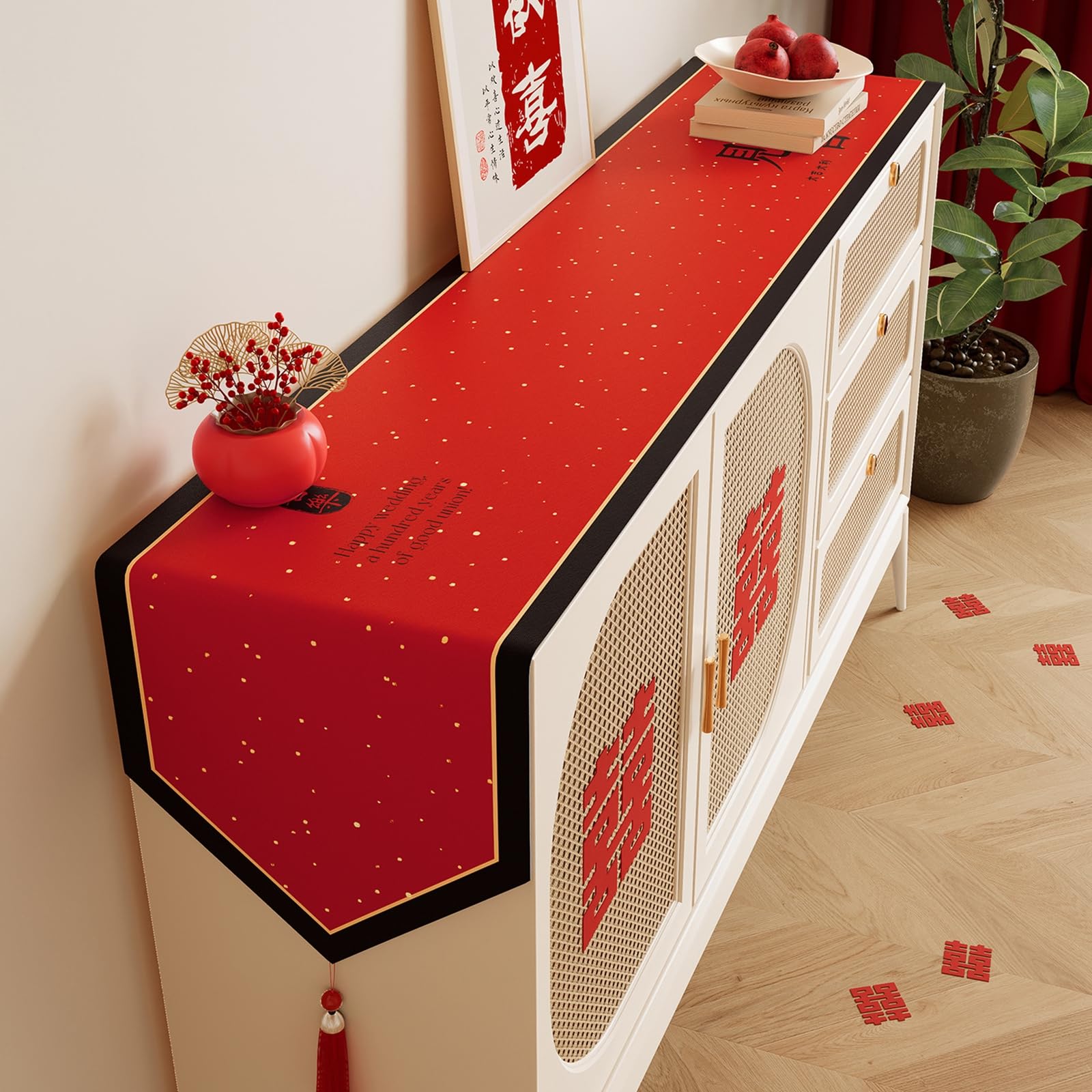 Rot Schwarz Tischläufer Polyester Leinen, Dekostoff Tischläufer Abwaschbar Chinesischer Hochzeitsstil Punkte Muster mit Quasten Tischdecke für Esszimmer Dekor, 30x380 cm, Rot Schwarz