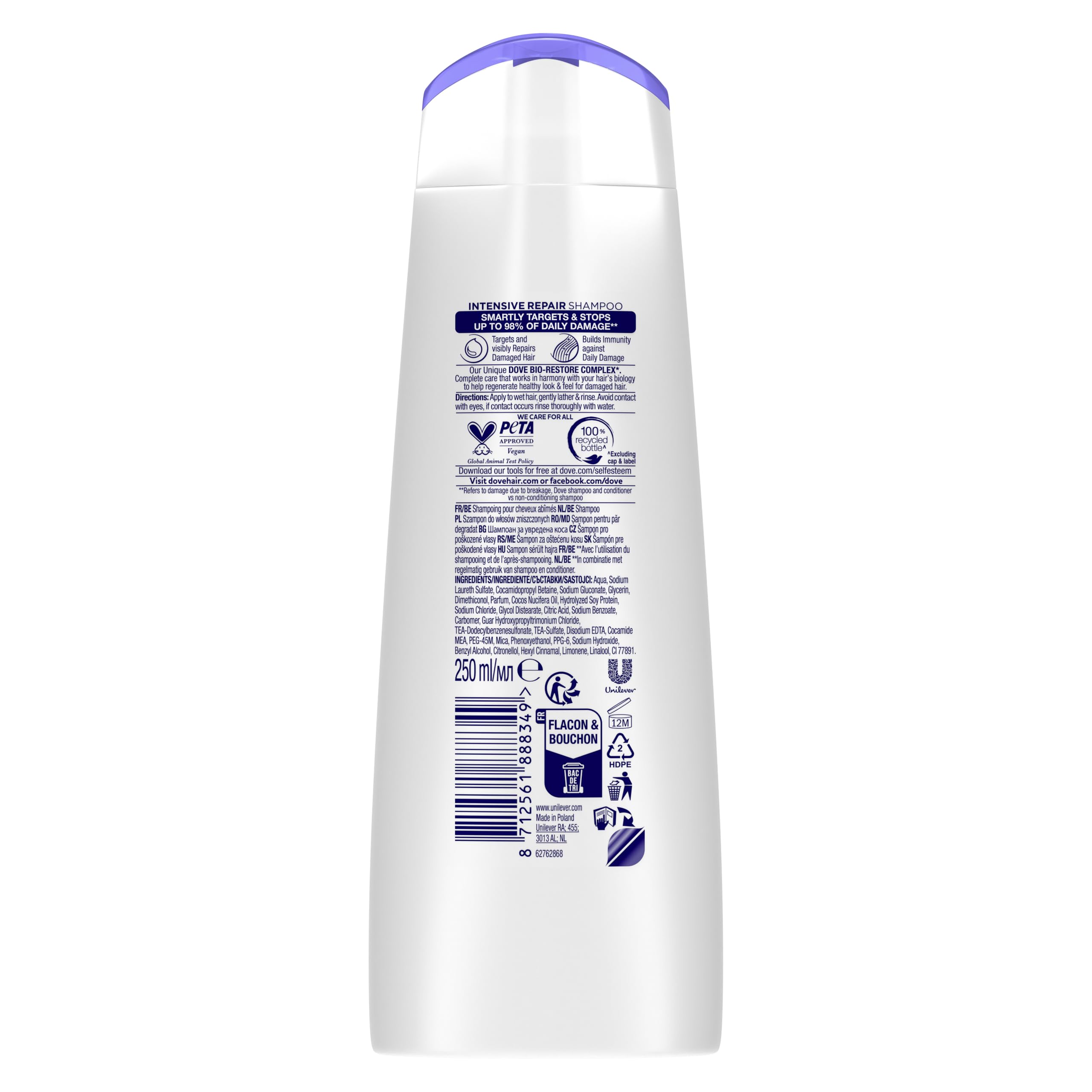 DOVE - Shampooing Réparation Intense - Nourrit les cheveux abîmés - Renforce les cheveux et aide à la réparation (lot de 6x250ml)