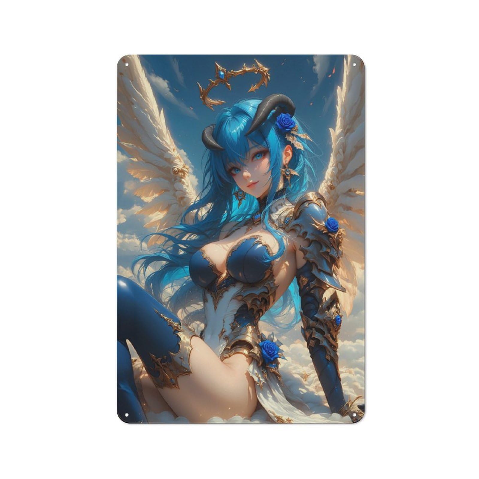 Junmoney Style-19 Modern Vintage Angel With Blue Hair Office Metal Sign 30X20cm, Creative Space Decor For Home Office, Reading Corner Or Bedroom