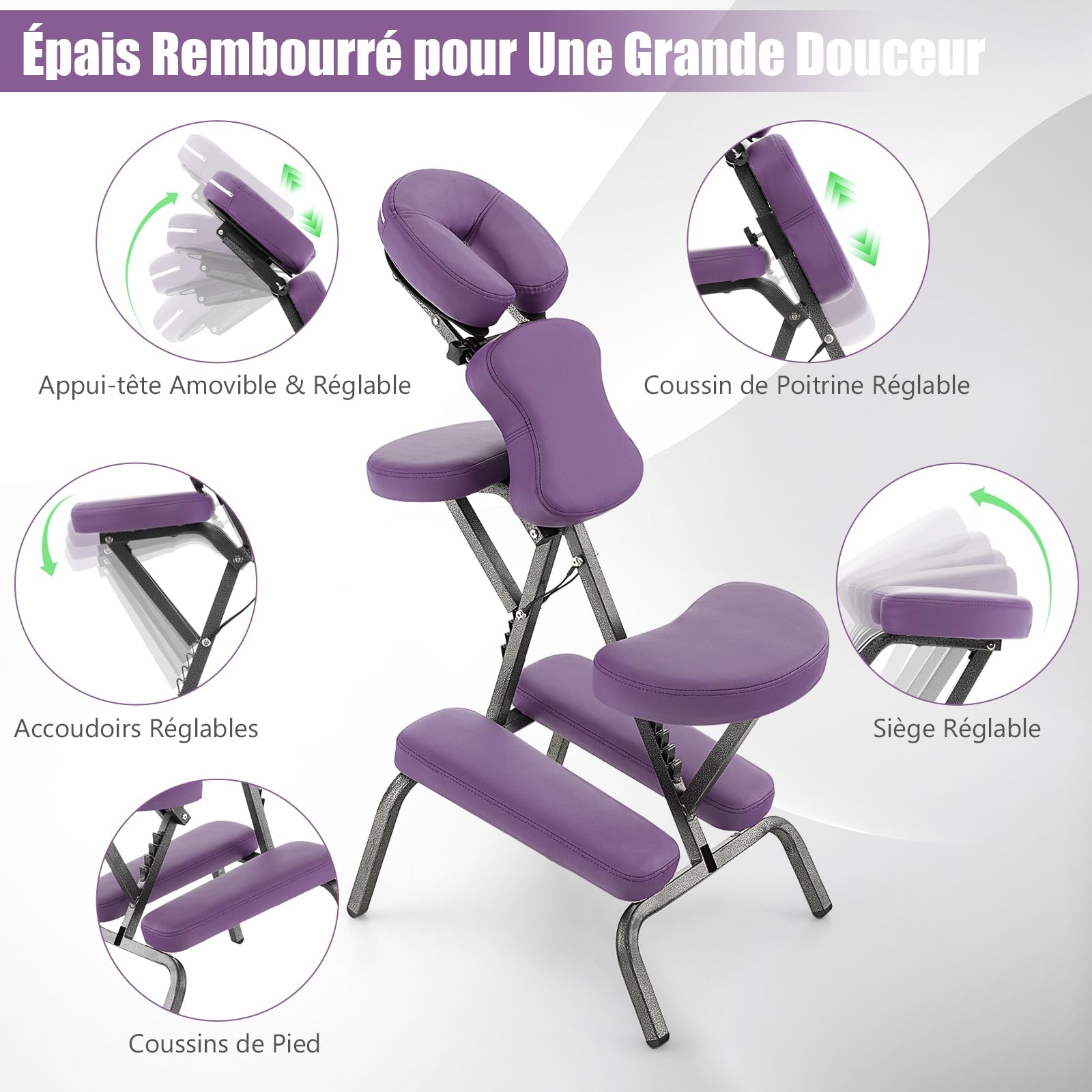 RELAX4LIFE Chaise de Massage Pliante Hauteur Réglable 110-120 CM, Chaise de Thérapie Portable Ergonomique avec Siège Rembourré, Sac de Transport, Charge 150 KG pour Tatouage Spa Esthéticienne (Violet)