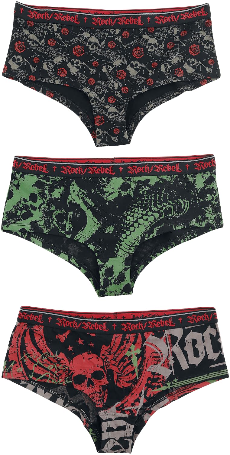 Rock Rebel by EMP Mujer Braguitas Negras en Pack de Tres con Estampado