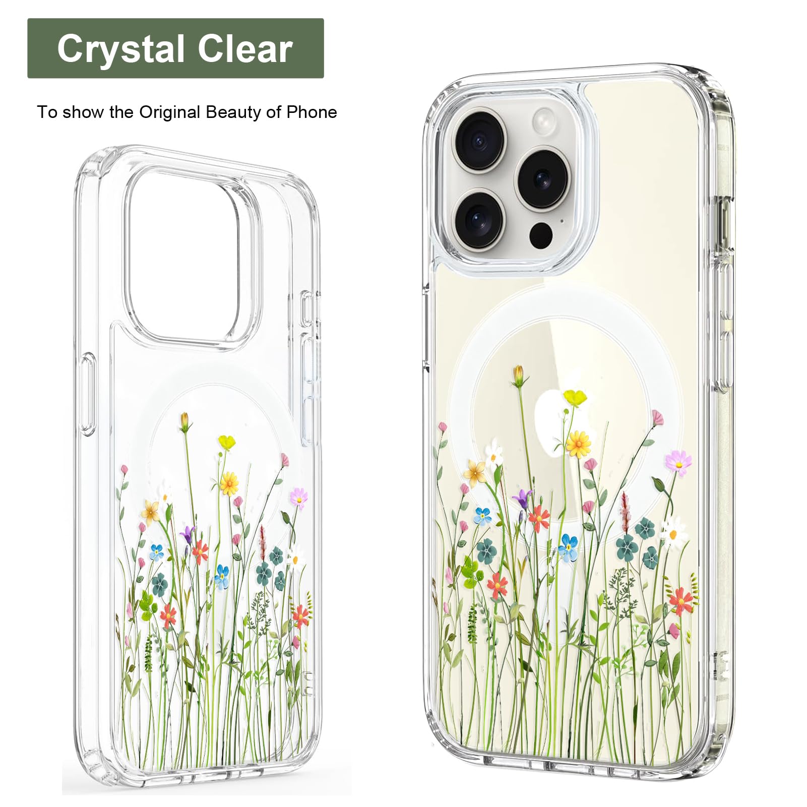Unov Case Compatible with iPhone 15 Pro Case Magnetic Clear with Design Compatible with MagSafe Slim Protective Soft TPU Bumper with Hard PC Back Embossed Pattern (Flower Bouquet) - Image 3