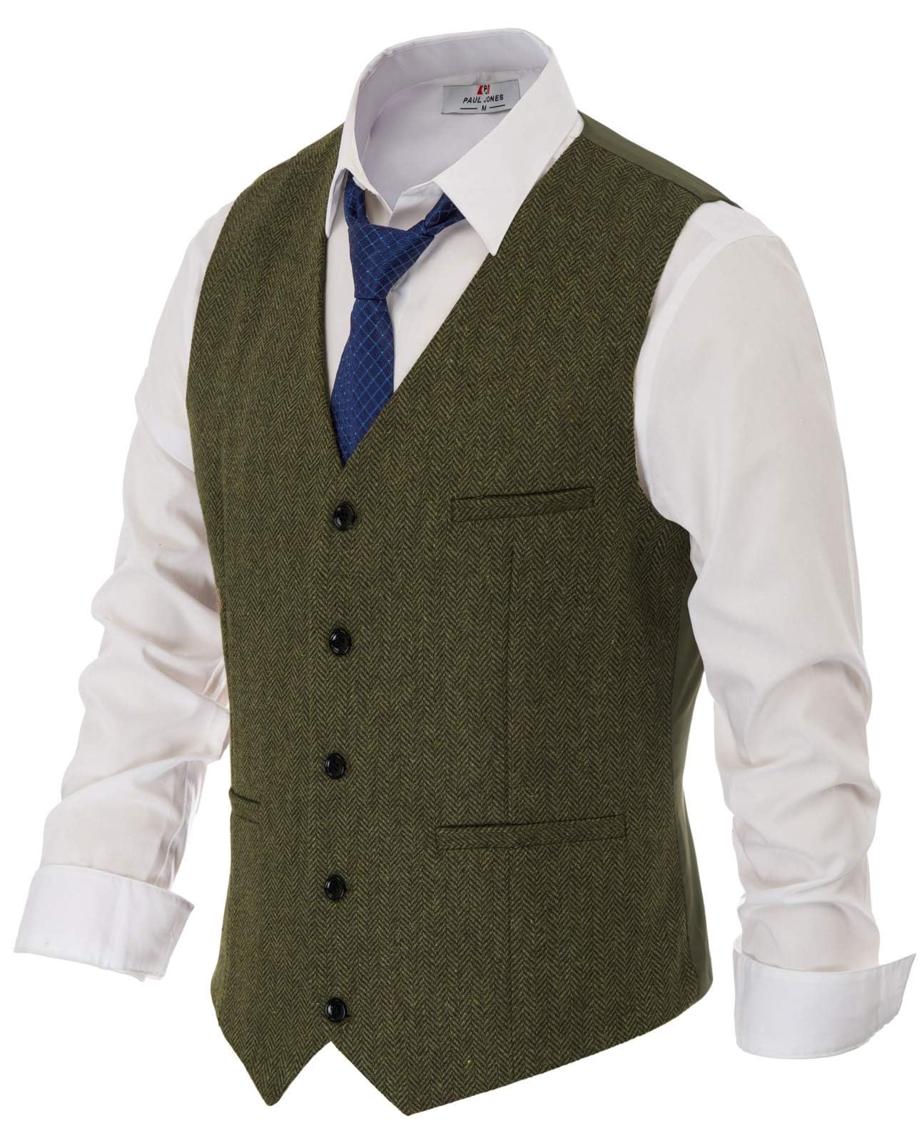 pj paul jones Men's Vintage Single Breasted 5 Button Tweed Vest Wool Waistcoat L Army Green-picture-10