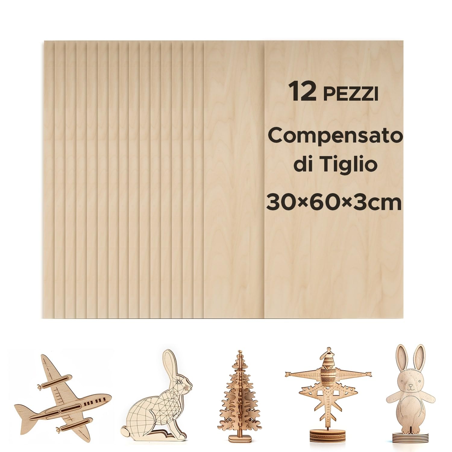 OMTech 12 sztuk płyt z drewna lipowego, 300 x 600 x 3 mm, płyty ze sklejki do majsterkowania, płyty drewniane do cięcia laserowego i grawerowania, nieobrobione płyty drewniane do projektów
