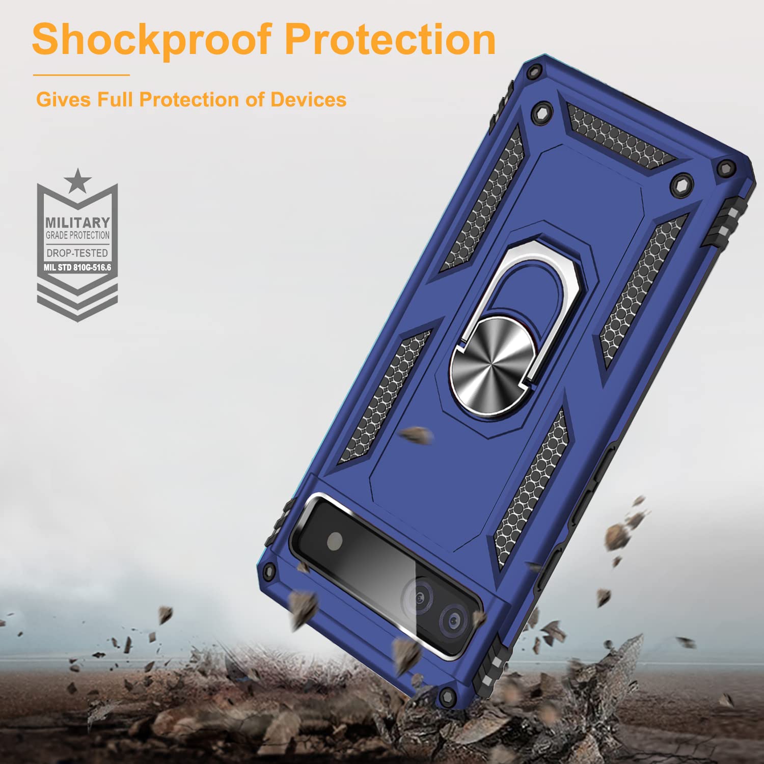 for Google Pixel 6a Case with Tempered Glass Screen Protector [2 Pack], Military-Grade Armor Shockproof Protective Phone Cover with Ring Magnetic Kickstand for Pixel 6a, Blue