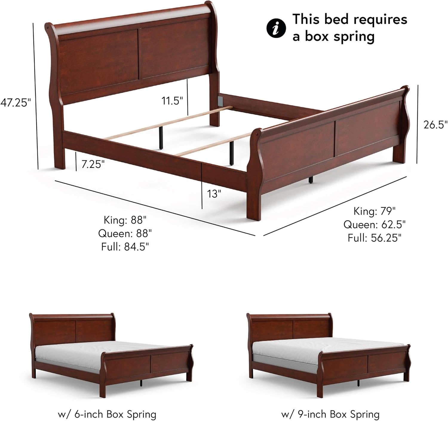 BOWERY HILL Transitional Sleigh Queen Bed, Solid Wood Panel Design, White Finish, 88.38 x 62.5 x 47.25 in, Durable Wood Veneer Frame, Curved Headboard and Footboard, Bedroom Furniture