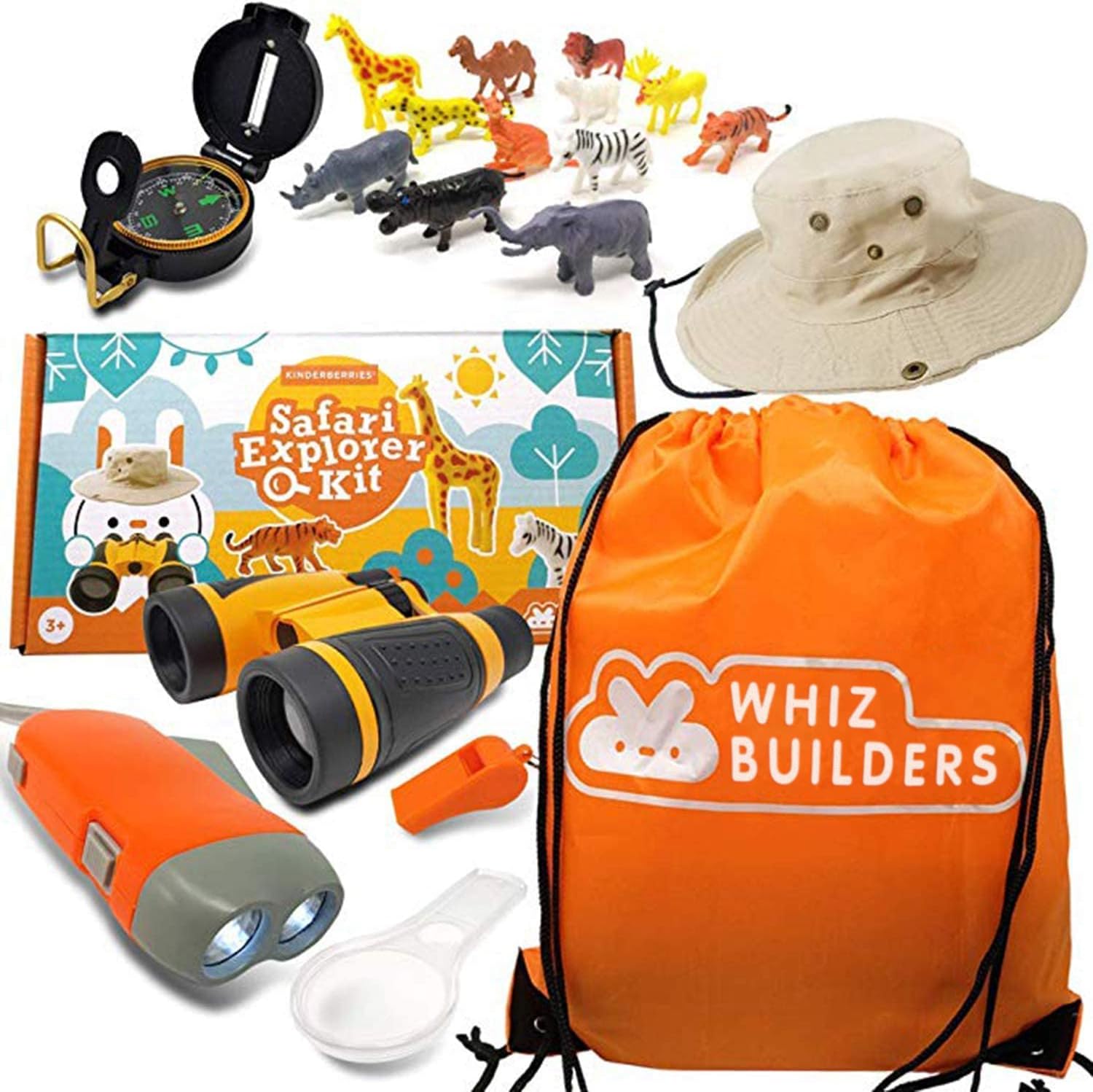 Outdoor Kids Adventure Kit - Explorer Kit with Binoculars, Animal Figurines, Flashlight, Safari Hat, Magnifying Glass, Compass, Camping Toys for Boys & Girls Age 3-12 Year Old