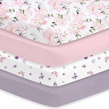 Little Grape Land Crib Sheets Girl 4 Pack, Baby Crib Sheets for Standard Crib & Toddler Mattress, Super Soft Breathable Crib Sheet Set for Girls Floral & Butterfly