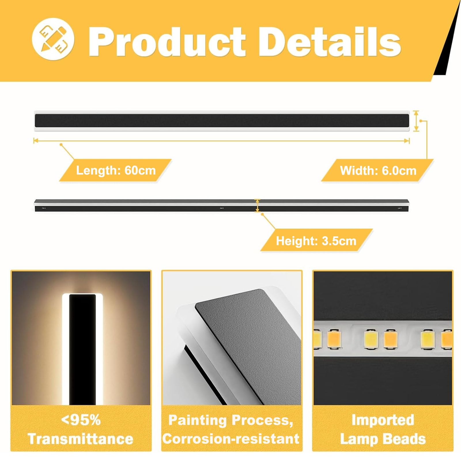 Outdoor Modern Wall Light 60CM, 18W 1100LM Long Strip Wall Sconce with 3000K Warm White Light, IP65 Rainproof Outside Porch Wall Fixture for Garden Patio Garage - 3