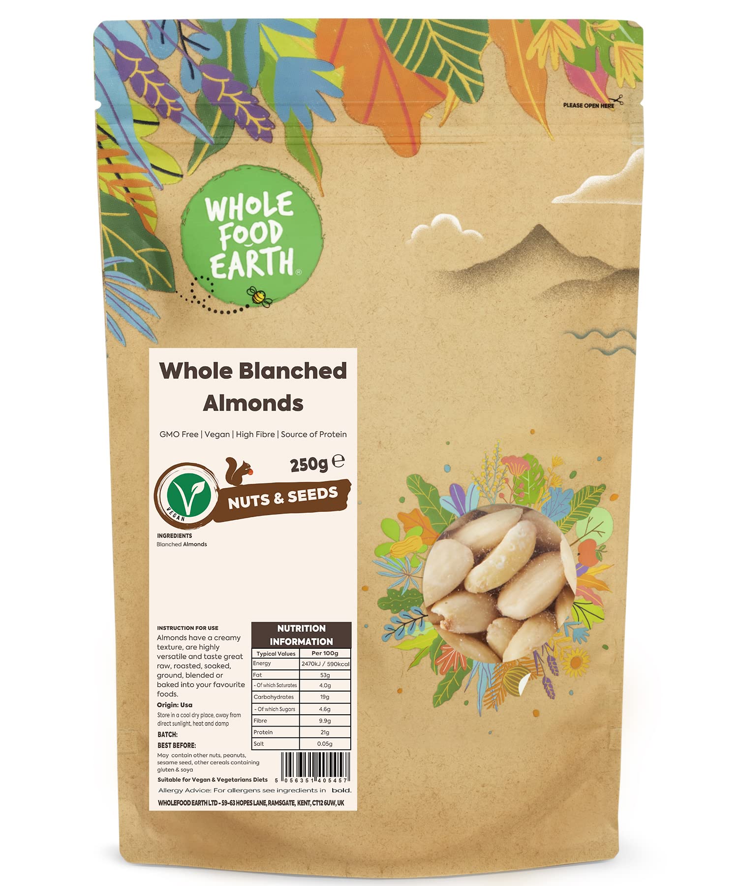 Wholefood Earth Whole Blanched Almonds 250 g | GMO Free | High Fibre | Source of Protein