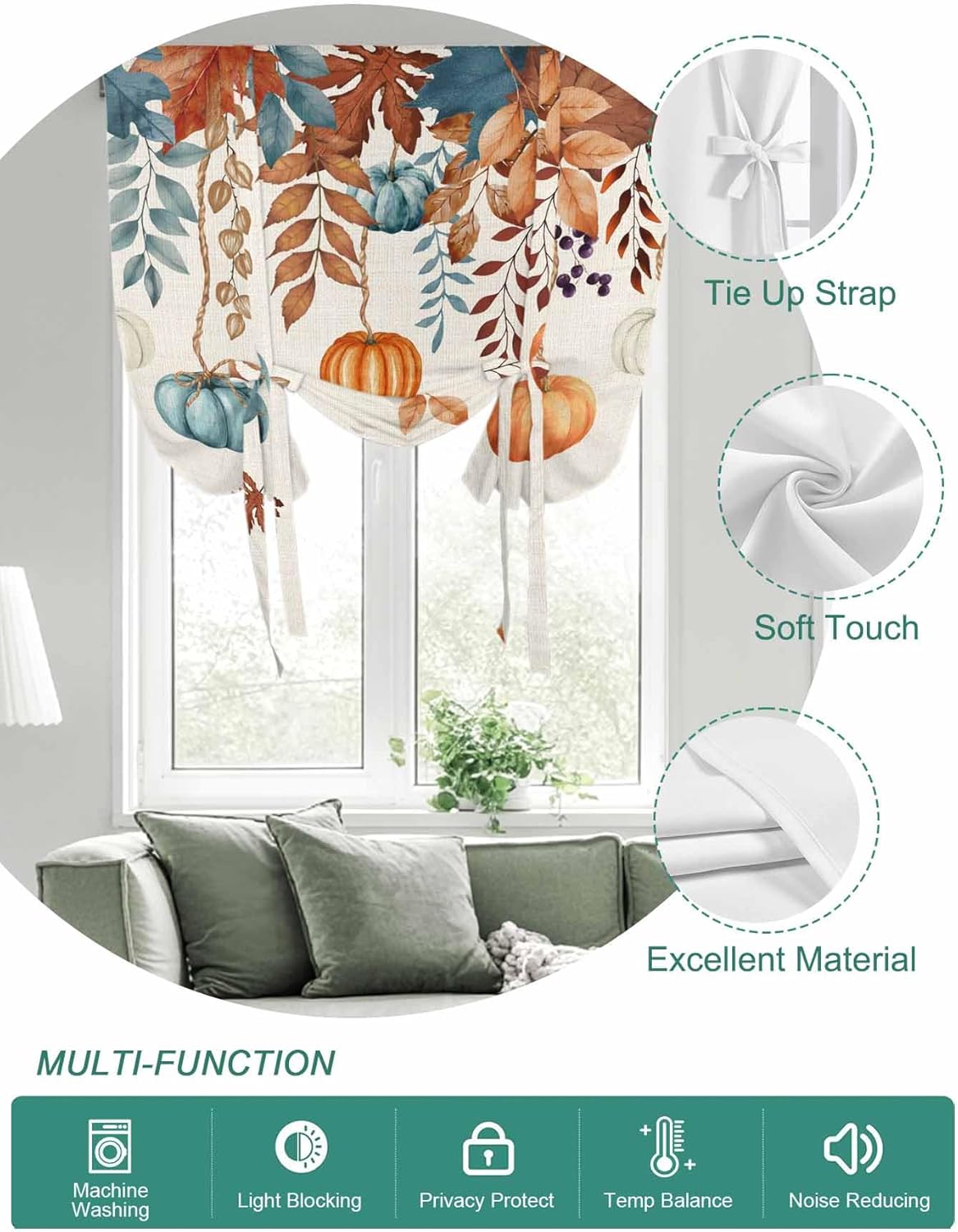 Tie Up Curtains for Windows Thanksgiving Pumpkin Fall Leaves Rod Pocket Window Shade Adjustable Balloon Curtain Valance for Bedroom Kitchen Bathroom Blinds 42x54in Farm Maple Leaf Retro Linen