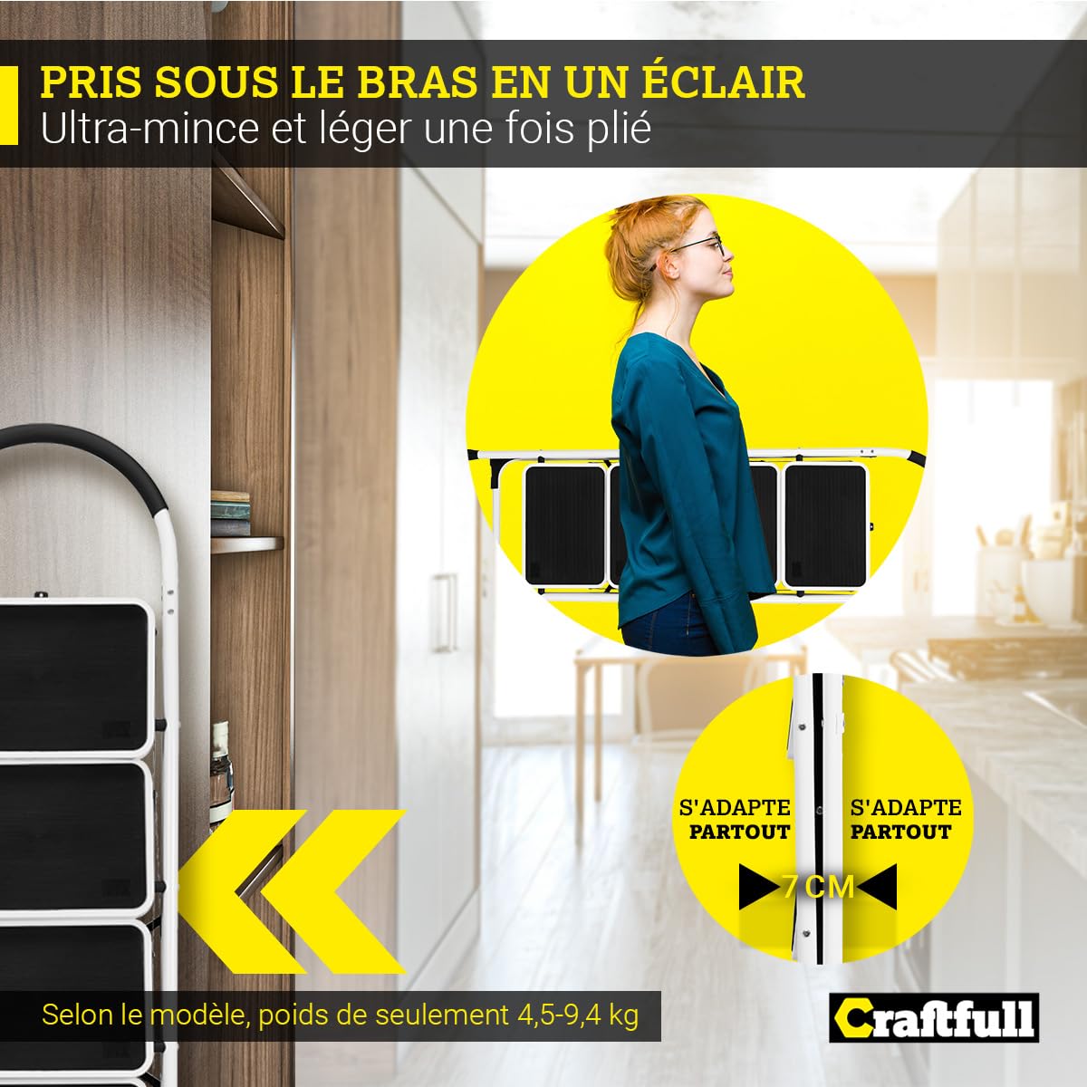 𝐂𝐑𝐀𝐅𝐓𝐅𝐔𝐋𝐋 Design de l’échelle Pliante CF-130A | 2 à 5 marches - Pliable - Jusqu’à 150 kg - Échelle ménagère - Échelle - Échelle à marches