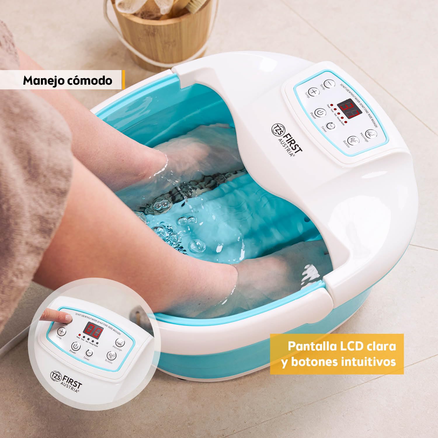 TZS First Austria - Hidromasajeador plantar 450W con 3 programas y 6 rodillos de masaje - Pediluvio eléctrico con masaje de vibración y burbujas de aire, infrarrojos y calefacción - Con temporizador