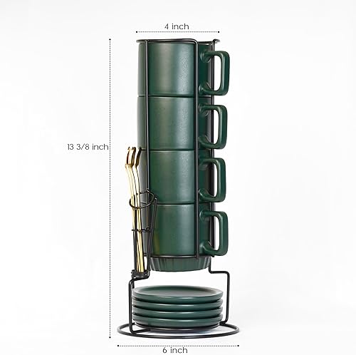 Miniatura 4 de Juego de tazas de café apilables de porcelana de 4 a 11.5 onzas con platillos, cucharas y soporte de metal, tazas de té de cerámica con estante,