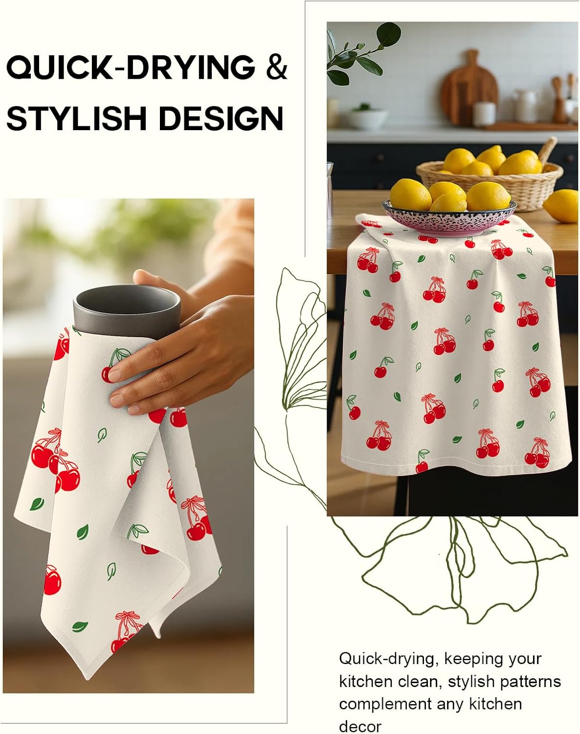 Flour Sack Kitchen Towels Set of 2-18x26 Cotton Dish Towels with Hanging Loop Reusable Tea Towel for Cleaning Spring Absorbent Dishcloths Cute Home Decor Housewarming, Bow Cherry - Image 4