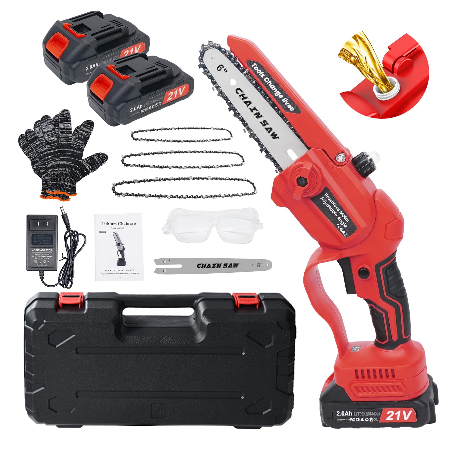 Mini Chainsaw Cordless, 6 Inch Portable Electric Chainsaw With 2 * 2000mAh Rechargeable Battery and 4 Chains Small Handheld Chainsaw for Tree Trimming, Branches, Wood Cutting