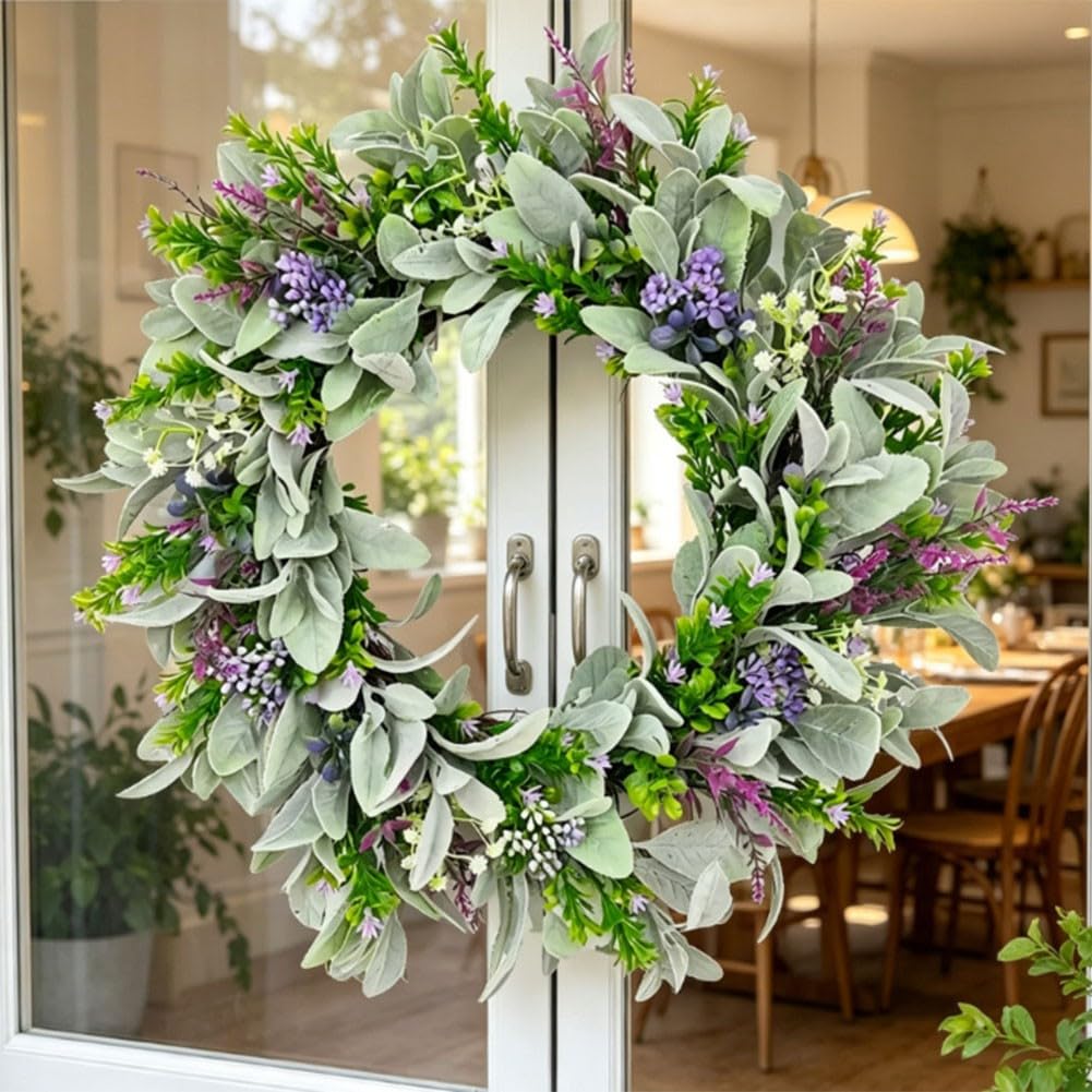 Ghirlanda di eucalipto artificiale, 45 cm, con lavanda, parte anteriore | Ghirlanda di eucalipto artificiale da 45 cm con accenti di lavanda, parte anteriore verde per decorazione porta per ingresso