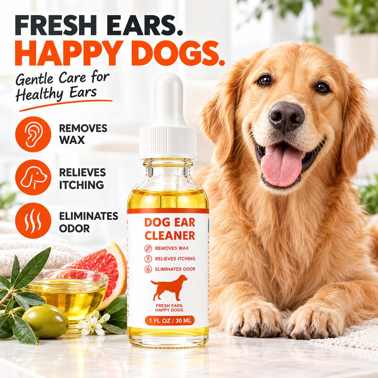 Upgraded Dog Ear Cleaner, Gentle Ear Solution for Dogs with Dropper, Removes Ear Wax, Dirt & Odor, Helps Relieve Itchy Ears, Non-Stinging Ear Cleaner for Puppies & Adult Dogs