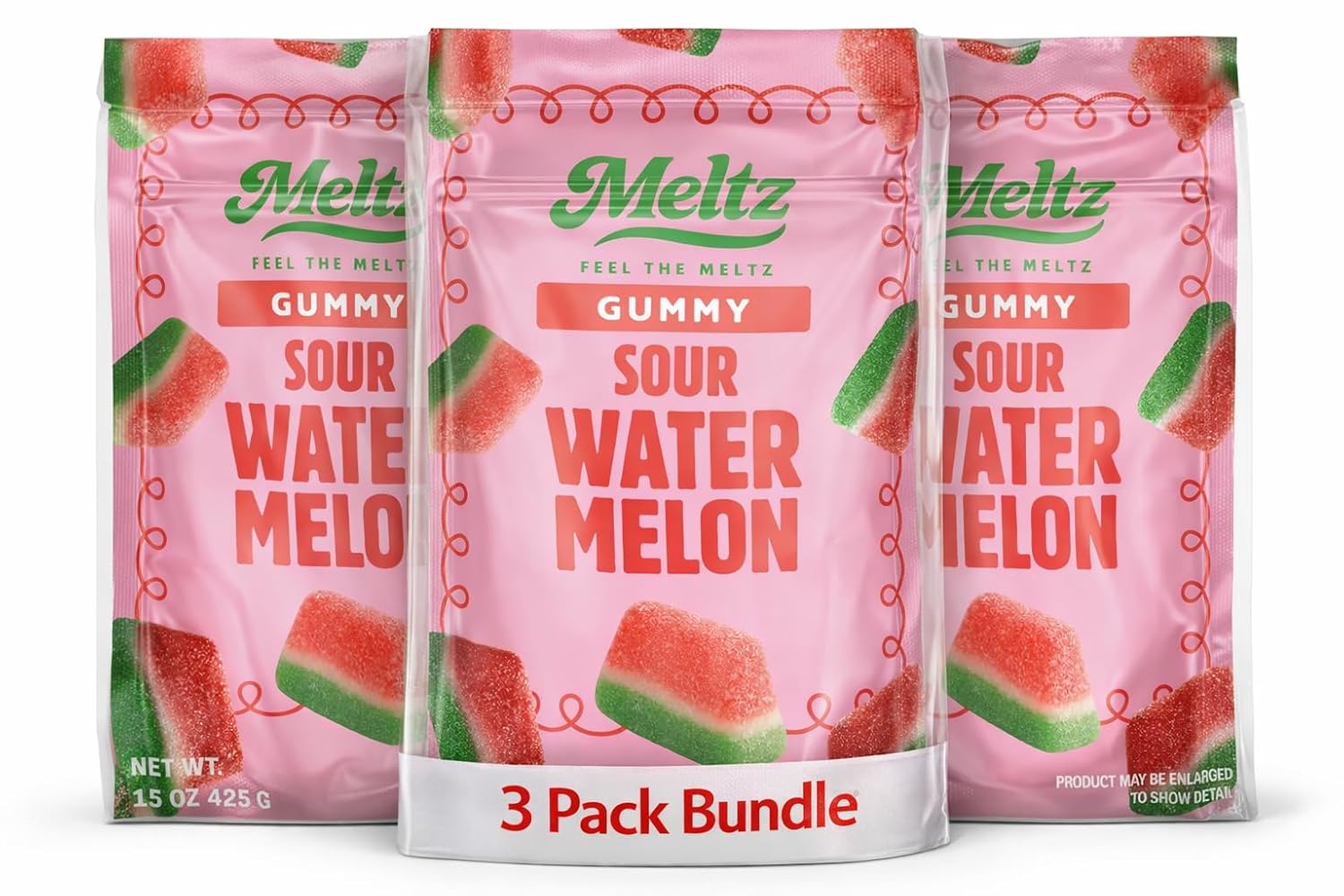 Meltz Sour Watermelon Gummy Candy, Soft & Chewy Sour Watermelon Gummies, Fruity Flavored Gummy Candy, Large Sharing Bag 425g (15 oz) (3 pack)