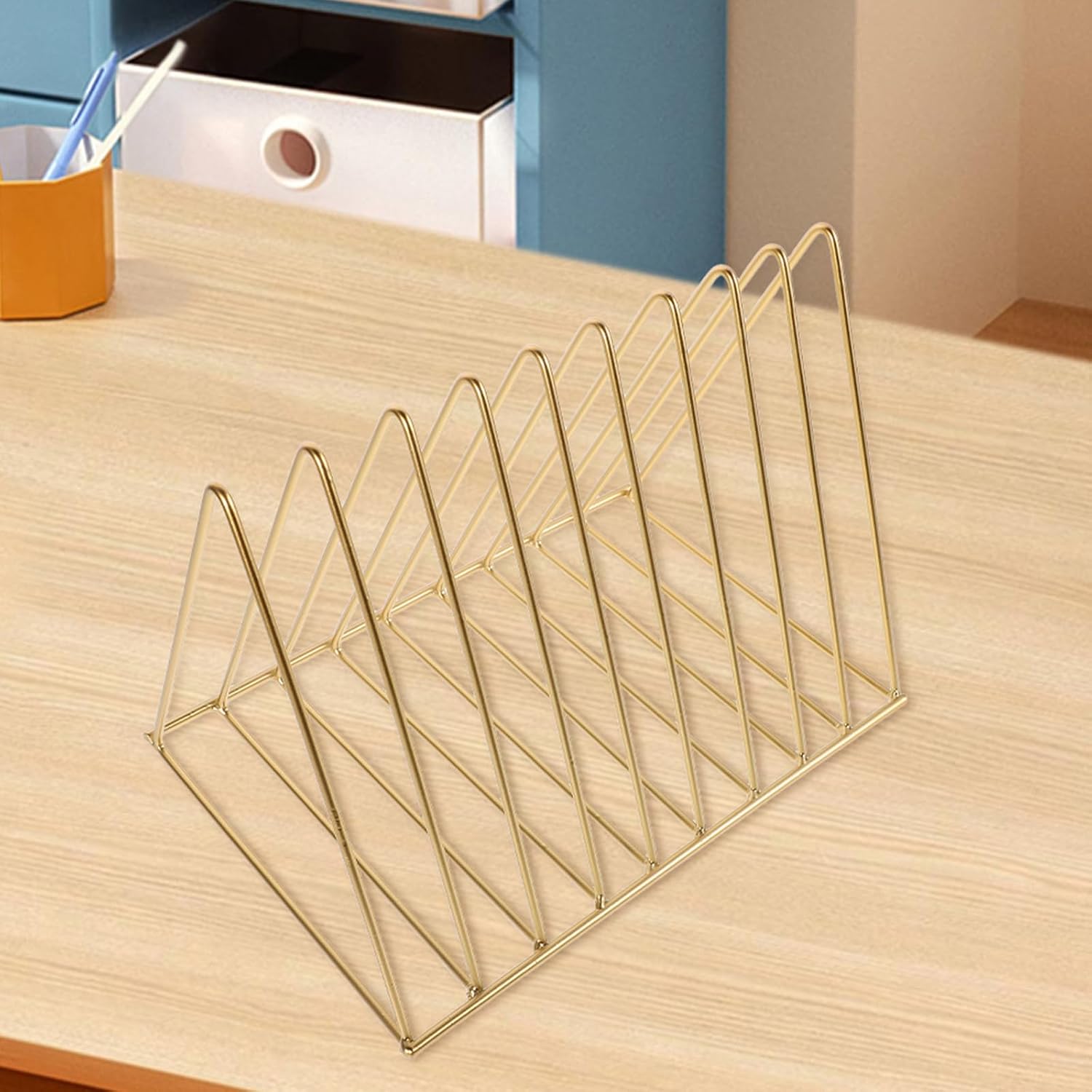 VILLCASE Metal Desktop Magazine Rack Organizer for Office Use, Sturdy Iron Construction with Ample Storage Capacity, Sleek and Modern Golden Tabletop Organizer for Magazines, Files,