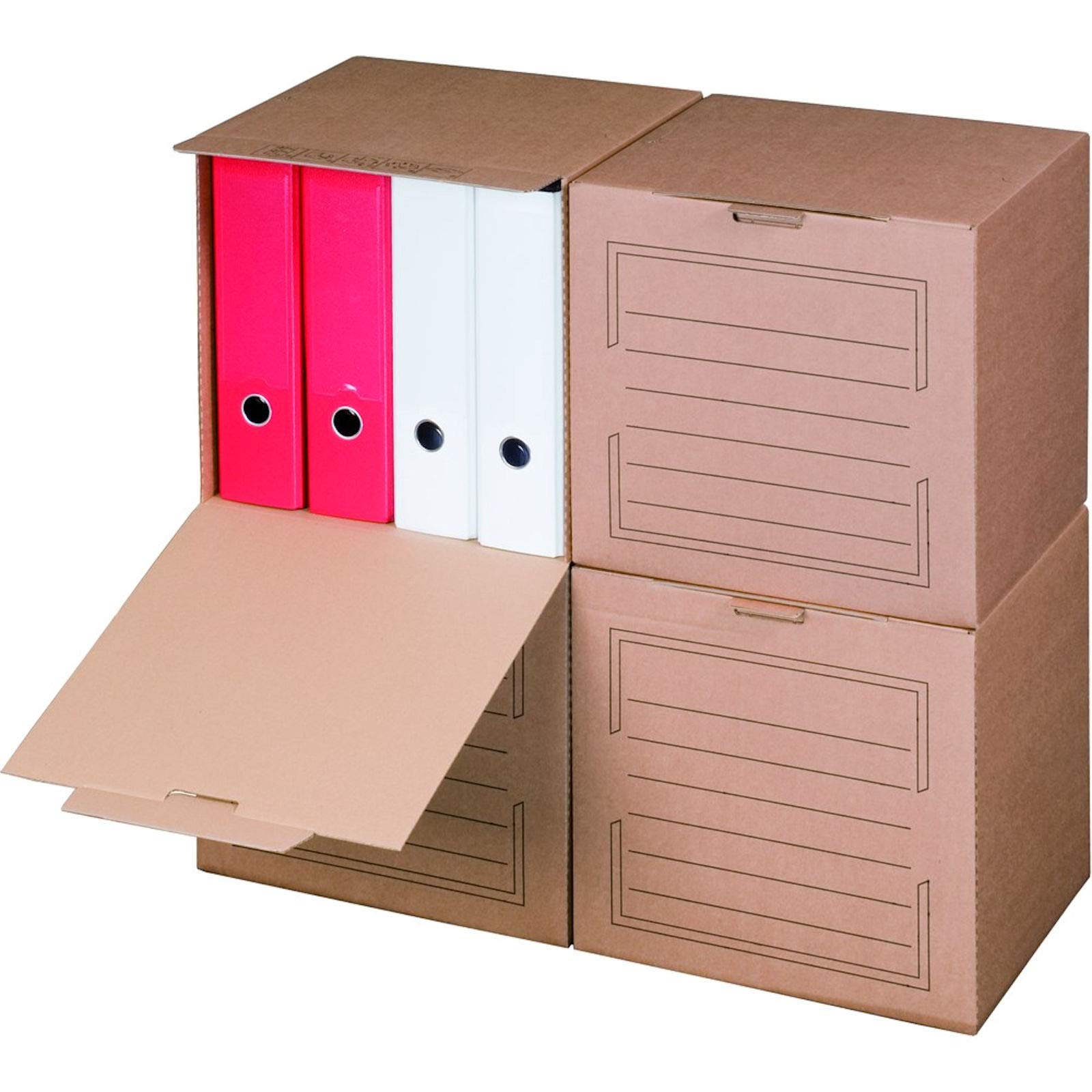 KK Verpackungen Archivbox mit Frontklappe | 20 Stück, Archivschachteln für 4 Ordner | Stapelbar mit Automatikboden, Beschriftungsfeld | Archivcontainer Braun 297x334x330 mm