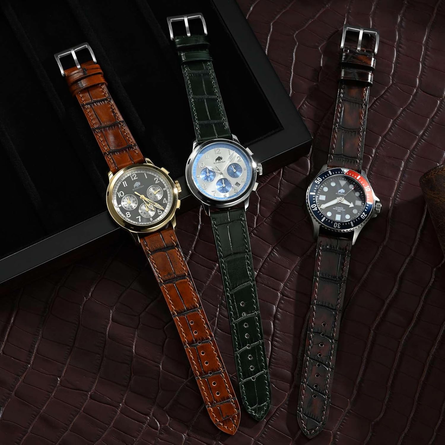 BISONSTRAP Sophisticated Watch Bands 18mm 20mm 22mm, Italian Leather with Alligator Embossed Pattern, Quick Release Replacement Straps