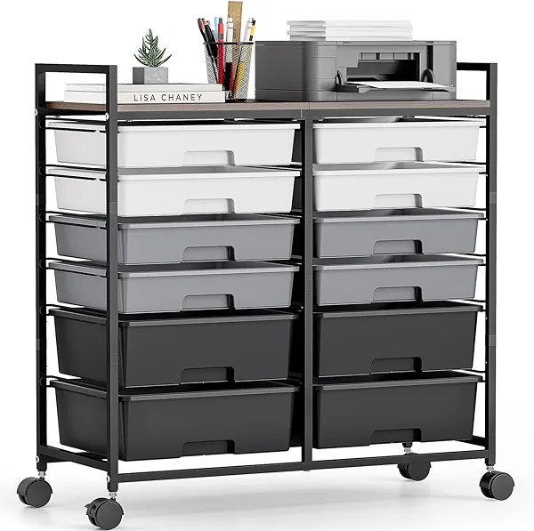 Rolling Storage Cart with 12 Drawers, Wooden Tabletop Utility Cart for Craft Storage, Art Supply Storage & Home Office Organization, Teacher Cart with Wheels for Classroom Organization, School (Grey)