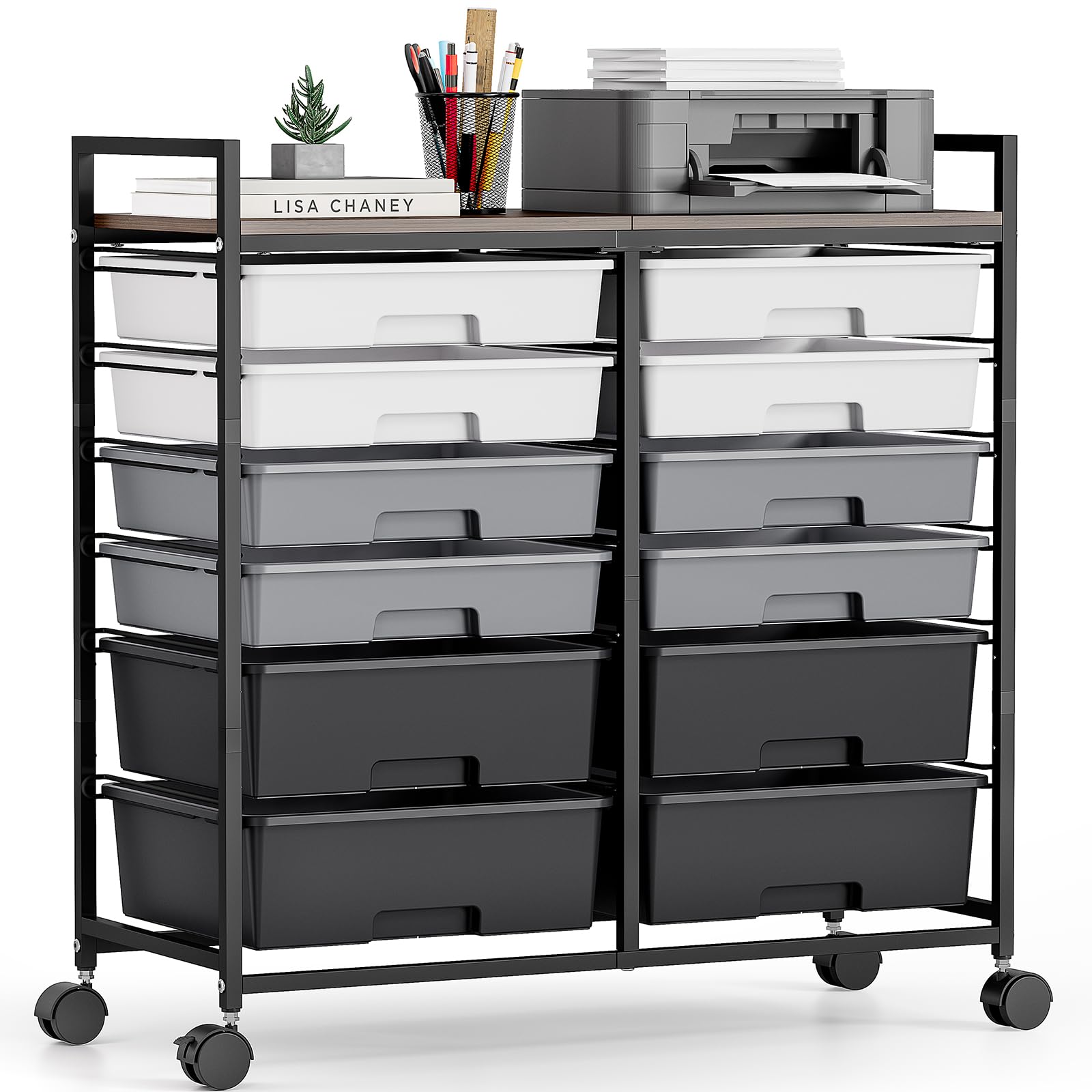 Carrito con 12 cajones - Rollcontainer - Carrito de almacenamiento para baño - en plástico, carrito multiuso para bricolaje, carrito de herramientas y almacenamiento con encimera imitación madera