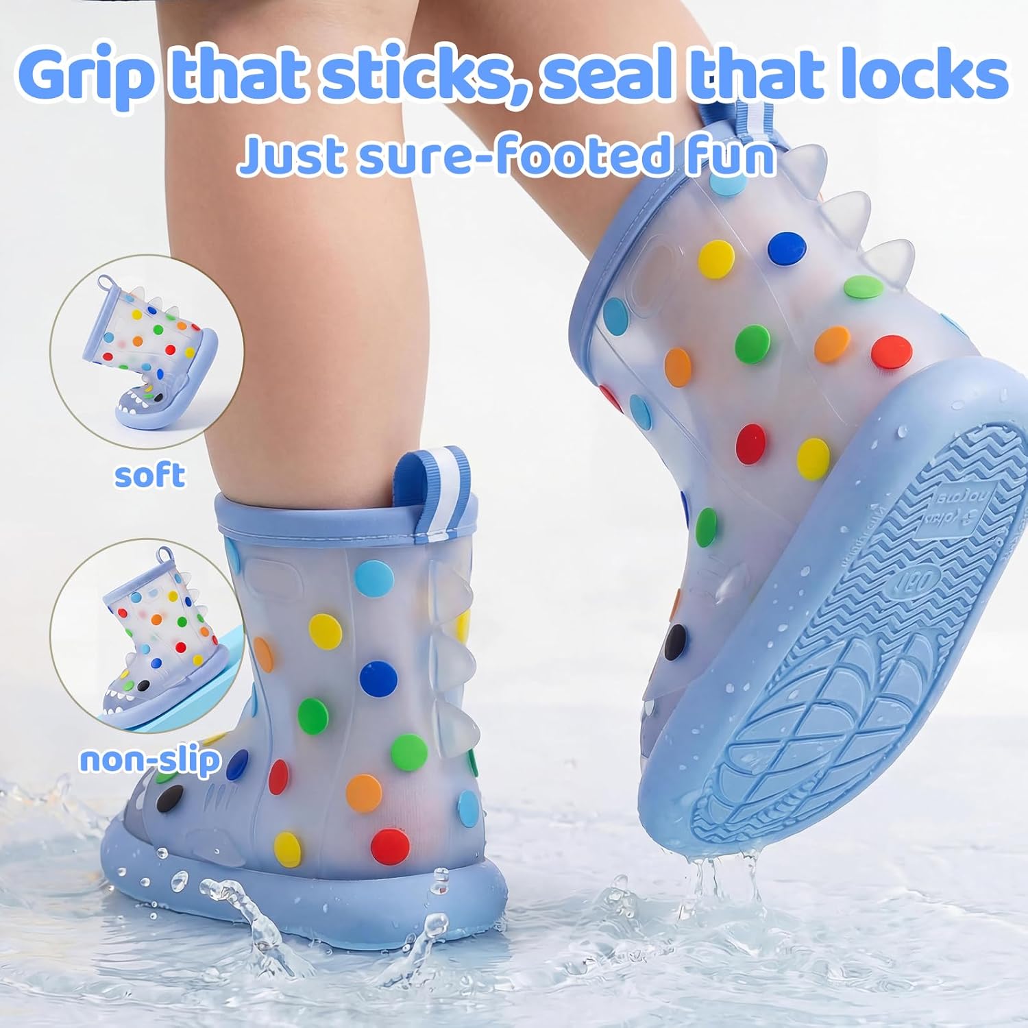 Toddler Rain Boots, Waterproof Non-Slip Thick Sole Kids Rubber Boots, Shark Pattern & Polka Dot Design with Easy-On Handles for Boys & Girls - Image 4