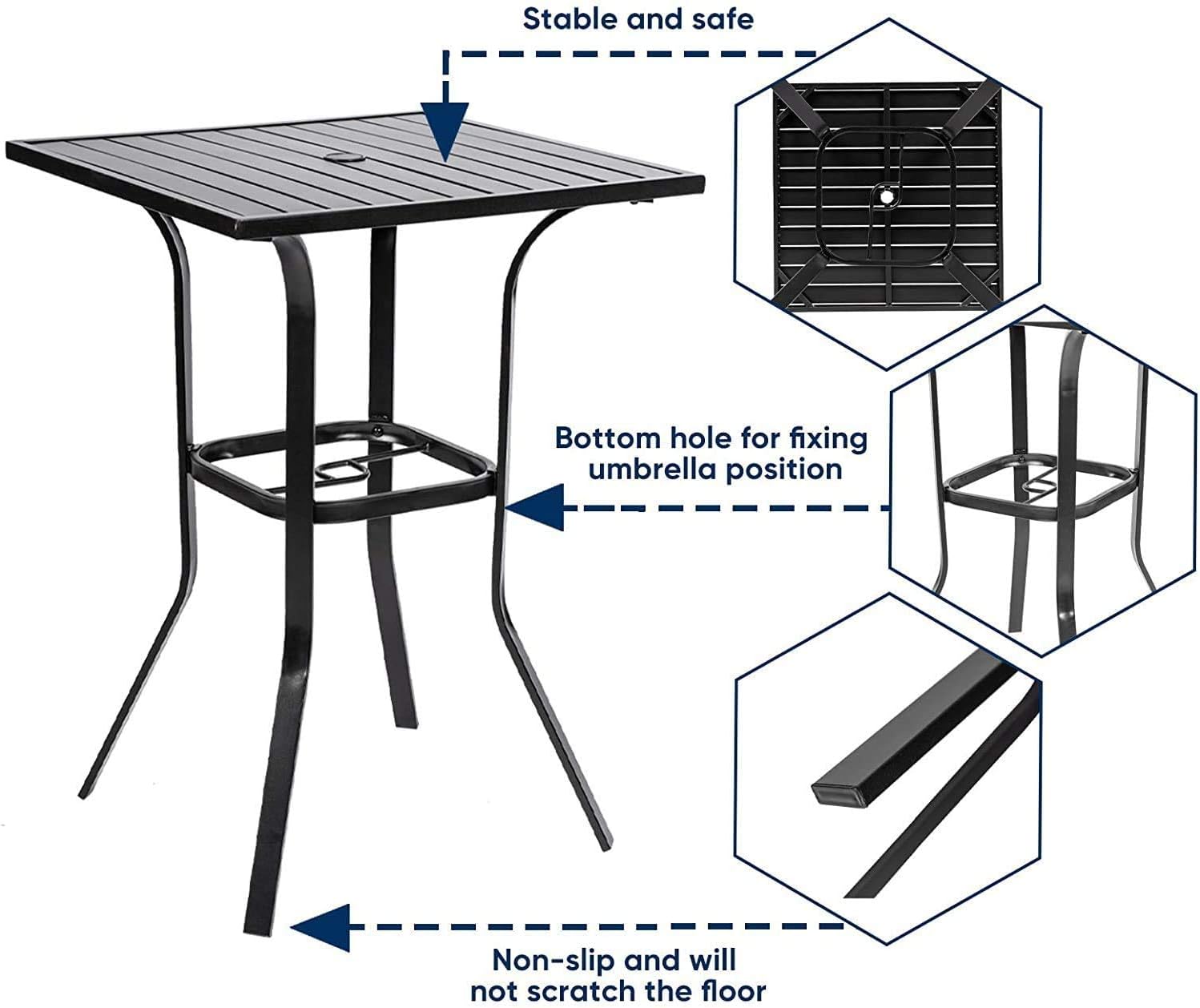SOLAURA Outdoor Patio Bar Height Table Patio Slat Table Top/Metal Frame, Umbrella Hole for Lawns, Poolside, Deck, Garden